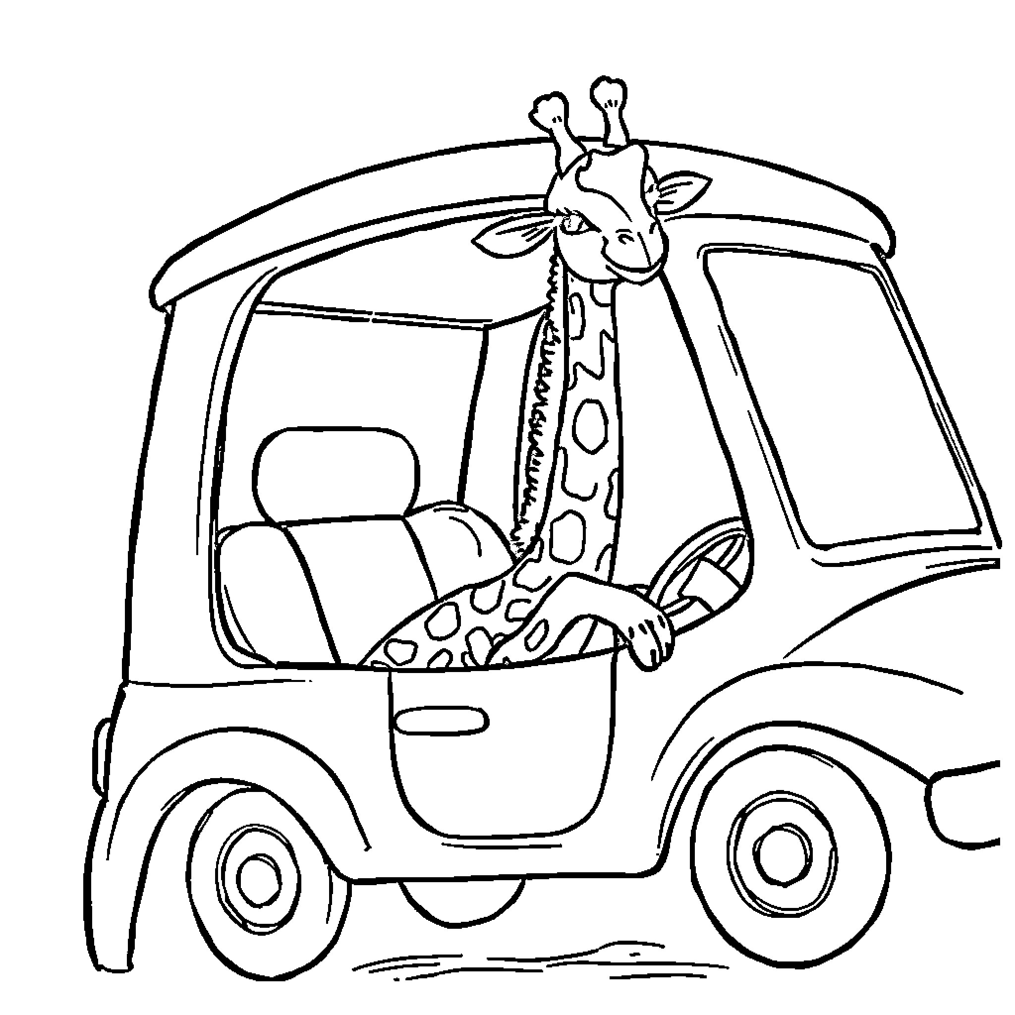 Giraffe riding a small car happily Coloring Page (free black-and-white line drawing printable PDF for all, from beginners to advanced learners, including children, teens, adults, and seniors)