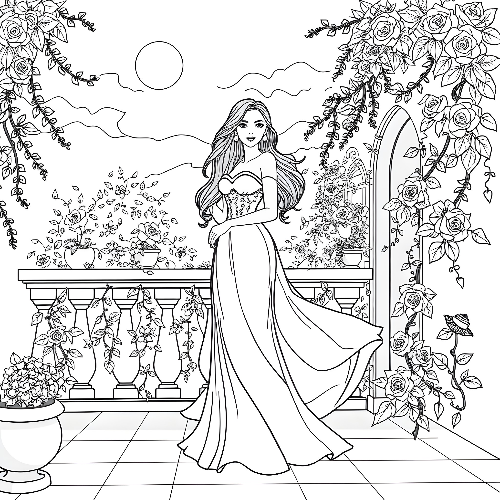 Bella Rosa in a Whimsical Floral Garden Coloring Page (free black-and-white line drawing printable PDF for all, from beginners to advanced learners, including children, teens, adults, and seniors)
