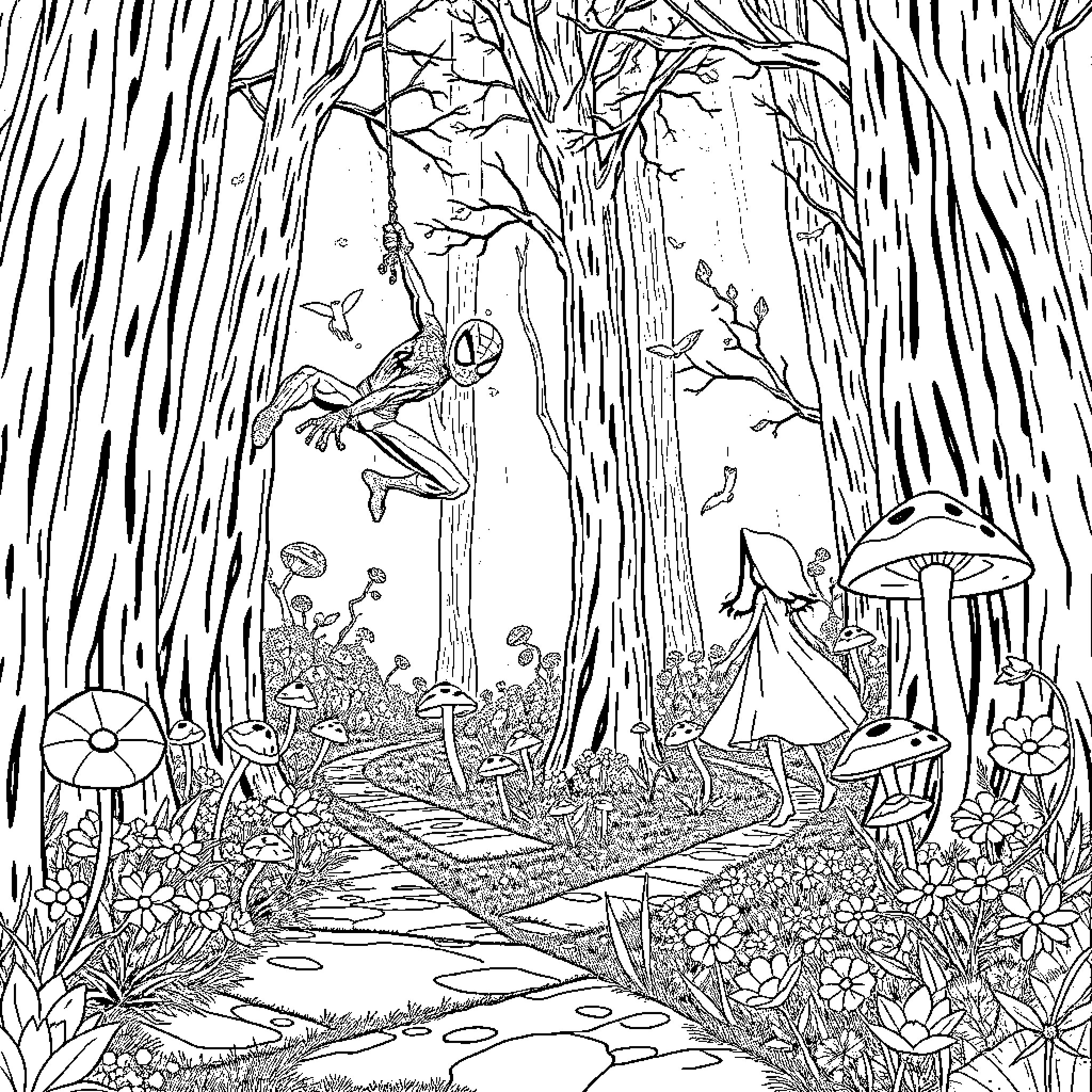 Spiderman's enchanted forest adventure Coloring Page (free black-and-white line drawing printable PDF for all, from beginners to advanced learners, including children, teens, adults, and seniors)