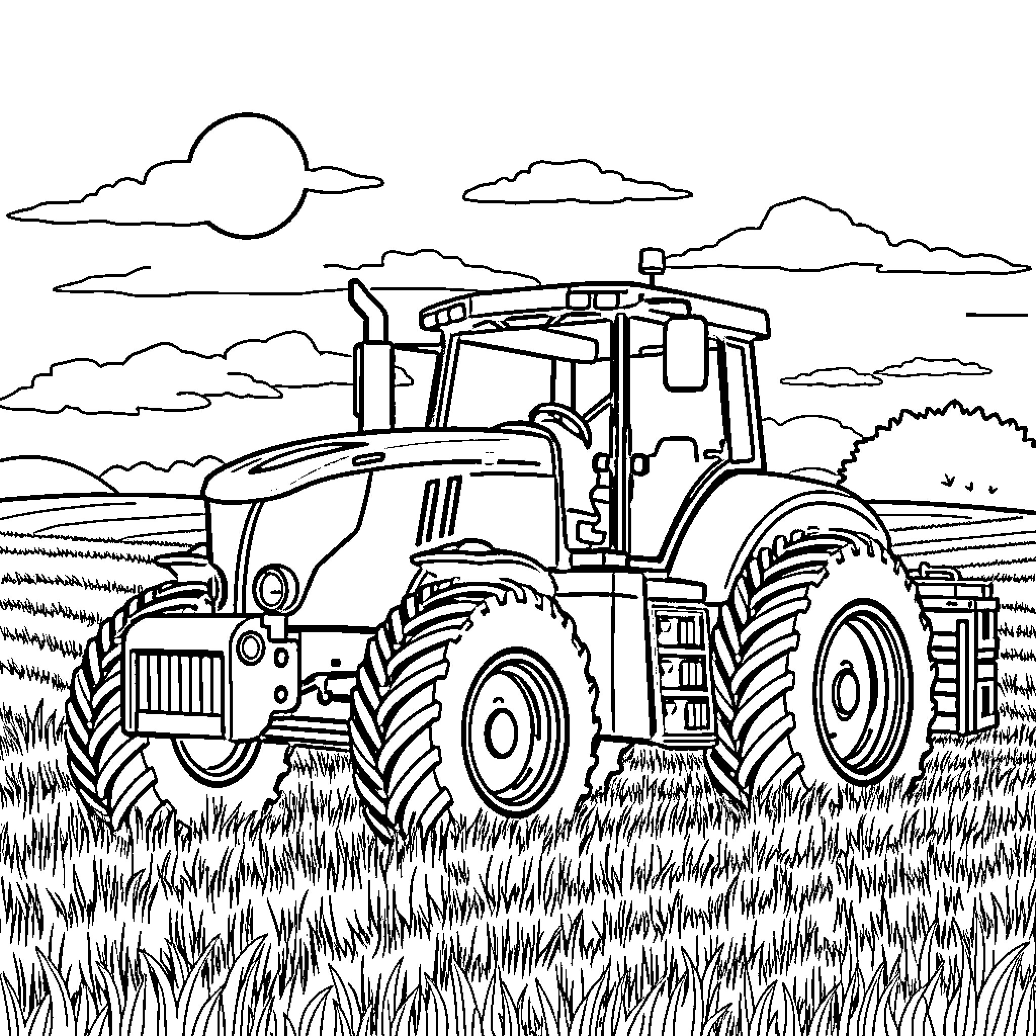 Tractor working in the agricultural field Coloring Page (free black-and-white line drawing printable PDF for all, from beginners to advanced learners, including children, teens, adults, and seniors)