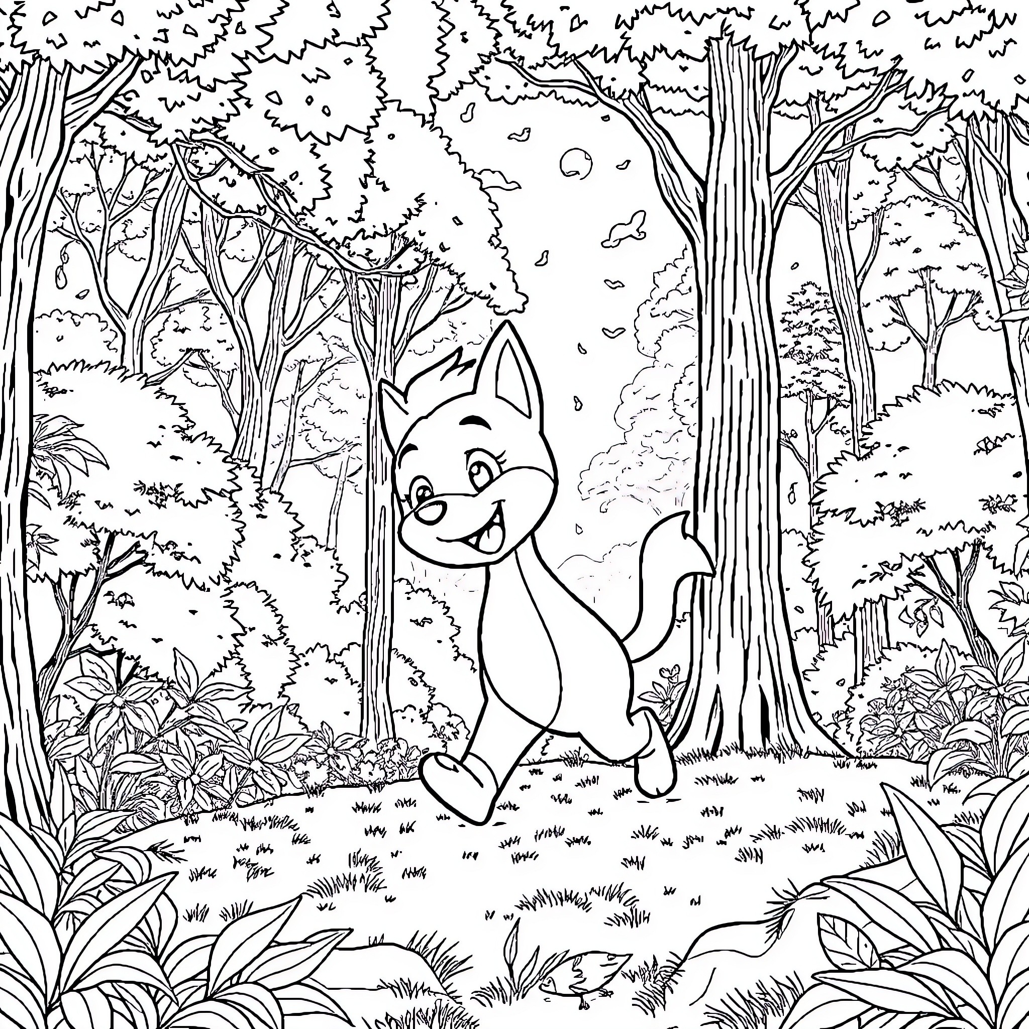 Bluey exploring the enchanting forest Coloring Page (free black-and-white line drawing printable PDF for all, from beginners to advanced learners, including children, teens, adults, and seniors)