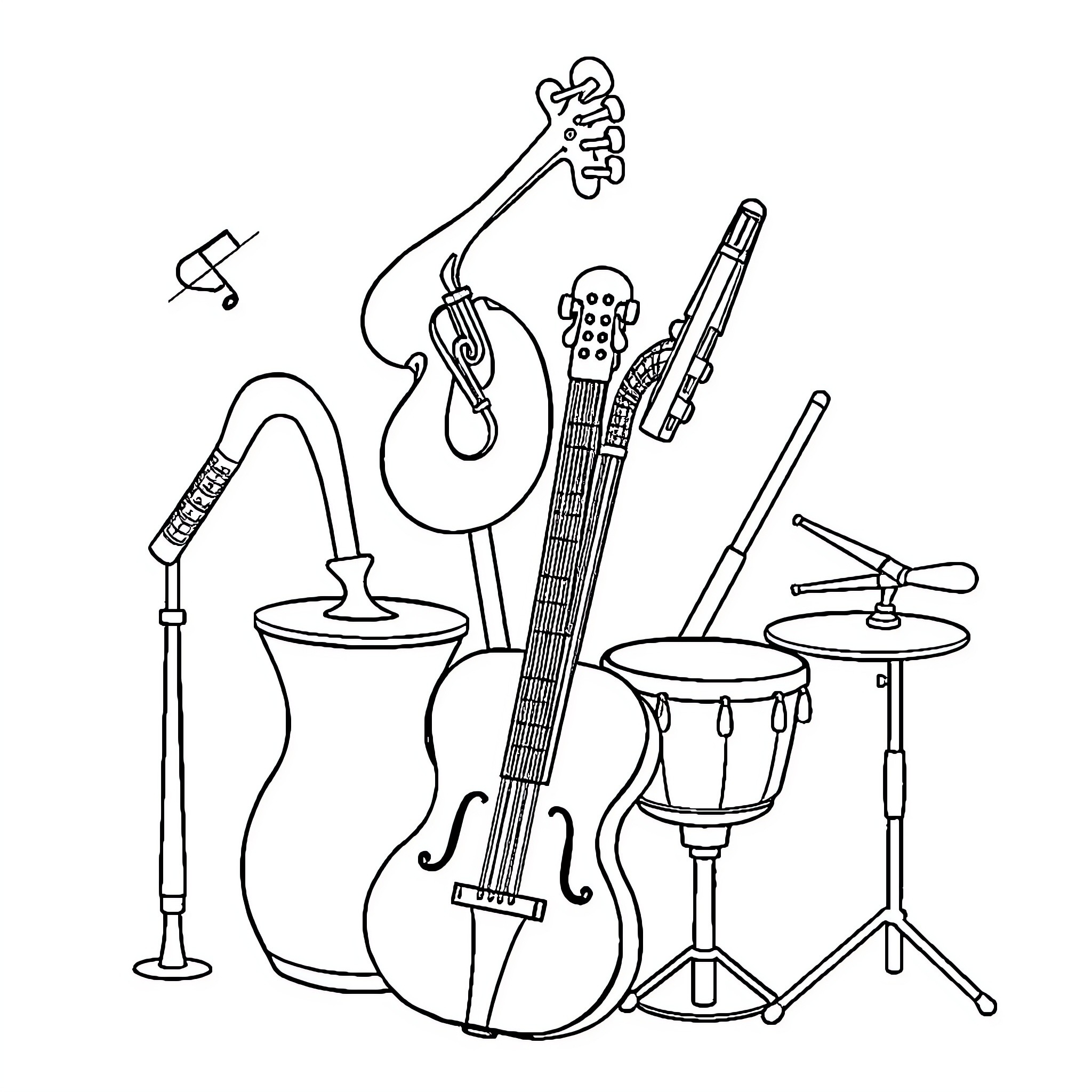 Musical Instrument Collection with Drumsticks and Saxophone Coloring Page (free black-and-white line drawing printable PDF for all, from beginners to advanced learners, including children, teens, adults, and seniors)