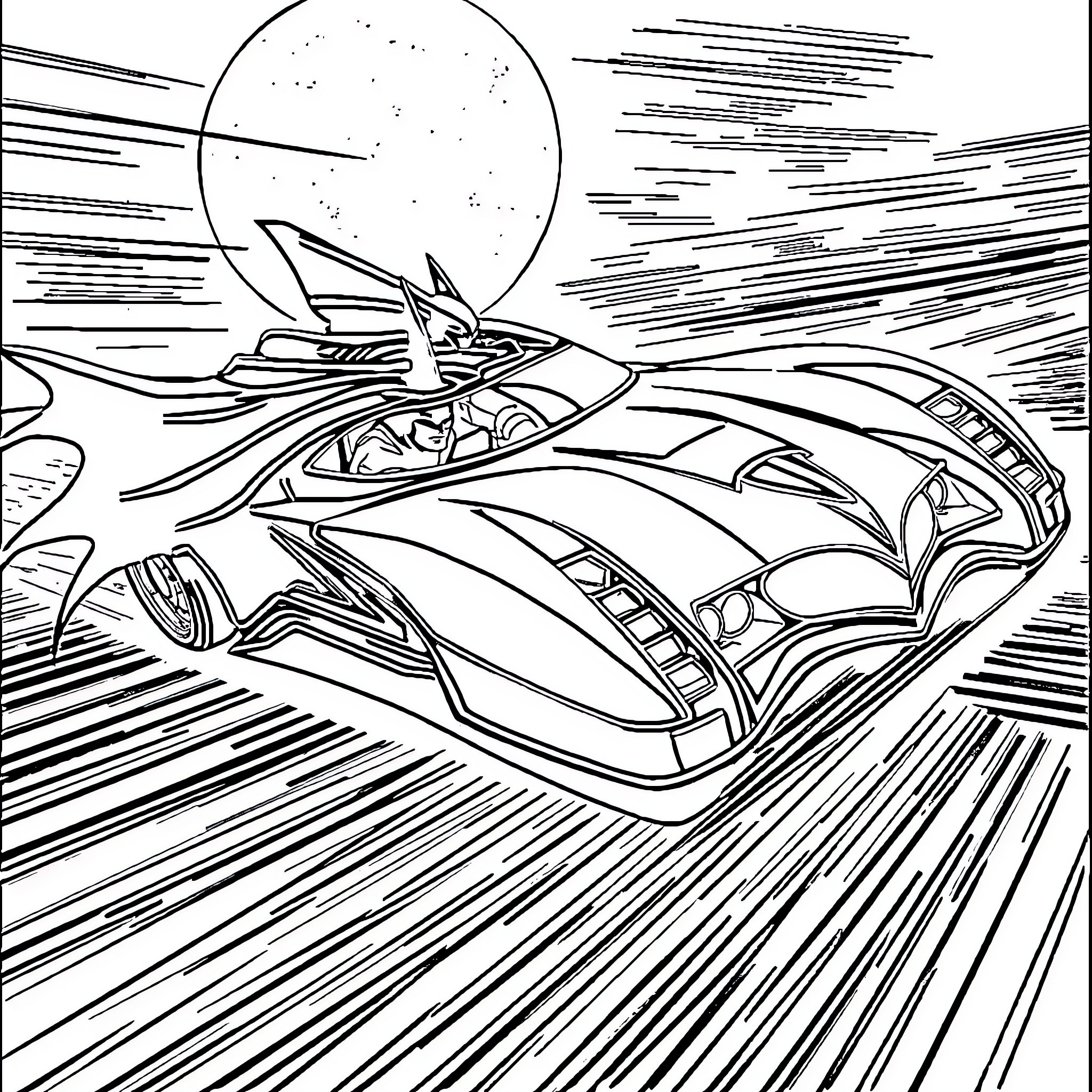Batman Car racing through a futuristic landscape Coloring Page (free black-and-white line drawing printable PDF for all, from beginners to advanced learners, including children, teens, adults, and seniors)
