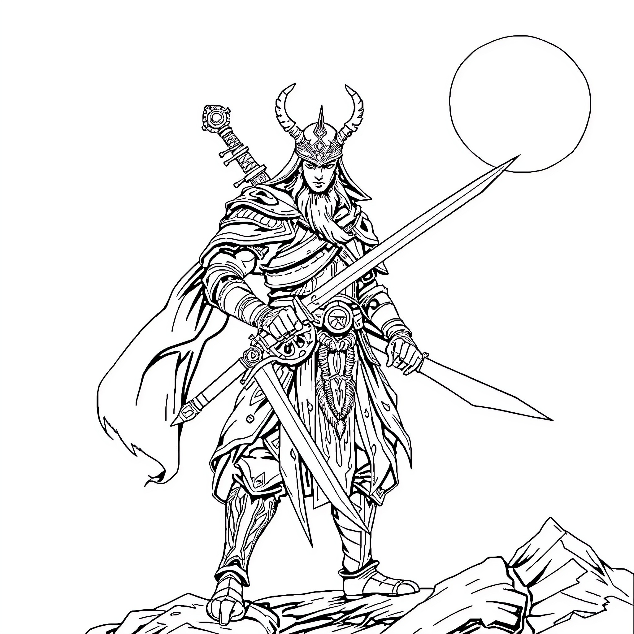 Henrai fierce warrior wielding majestic sword Coloring Page (free black-and-white line drawing printable PDF for all, from beginners to advanced learners, including children, teens, adults, and seniors)