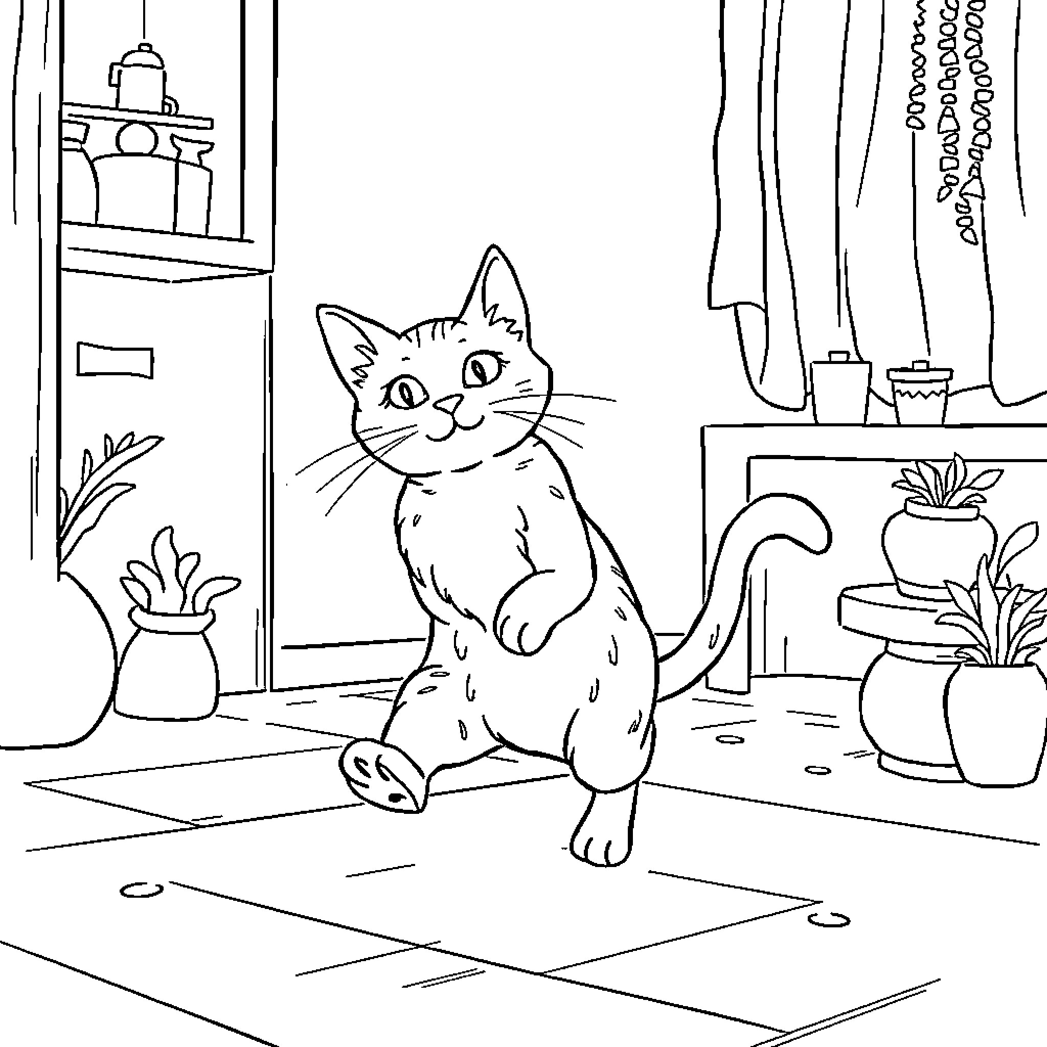 Cat exploring a cozy indoor scene Coloring Page (free black-and-white line drawing printable PDF for all, from beginners to advanced learners, including children, teens, adults, and seniors)