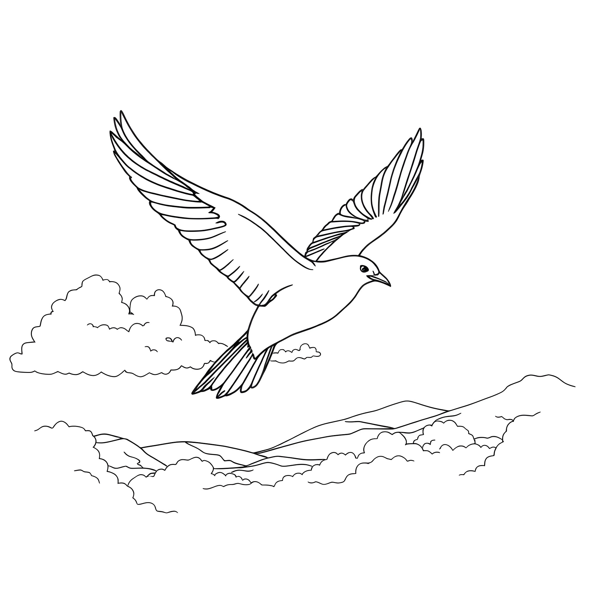 Bird soaring gracefully through cloudy skies Coloring Page (free black-and-white line drawing printable PDF for all, from beginners to advanced learners, including children, teens, adults, and seniors)