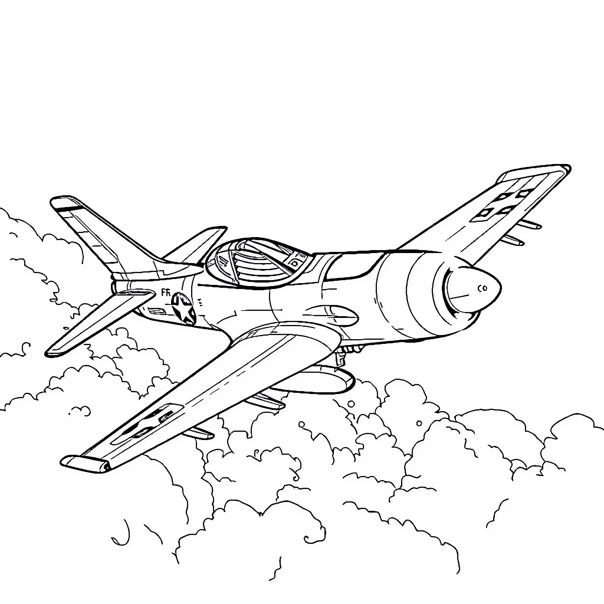 F-16 Jet in Flight through Cloudy Skies Coloring Page (free black-and-white line drawing printable PDF for all, from beginners to advanced learners, including children, teens, adults, and seniors)