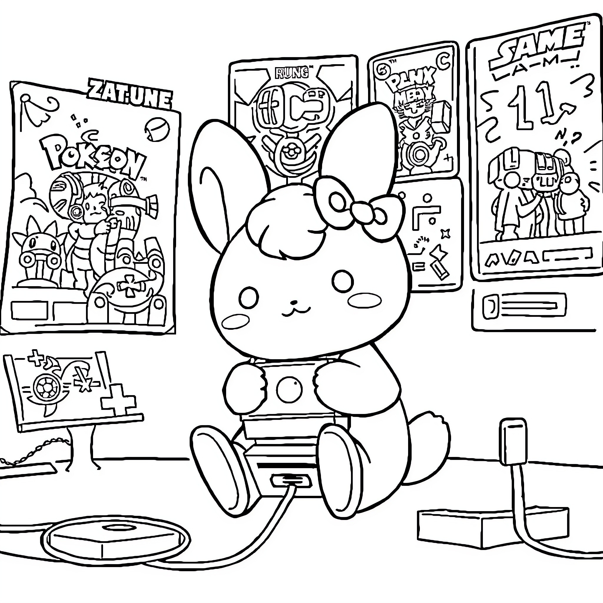 Cinnamoroll enjoying video games in an arcade Coloring Page (free black-and-white line drawing printable PDF for all, from beginners to advanced learners, including children, teens, adults, and seniors)