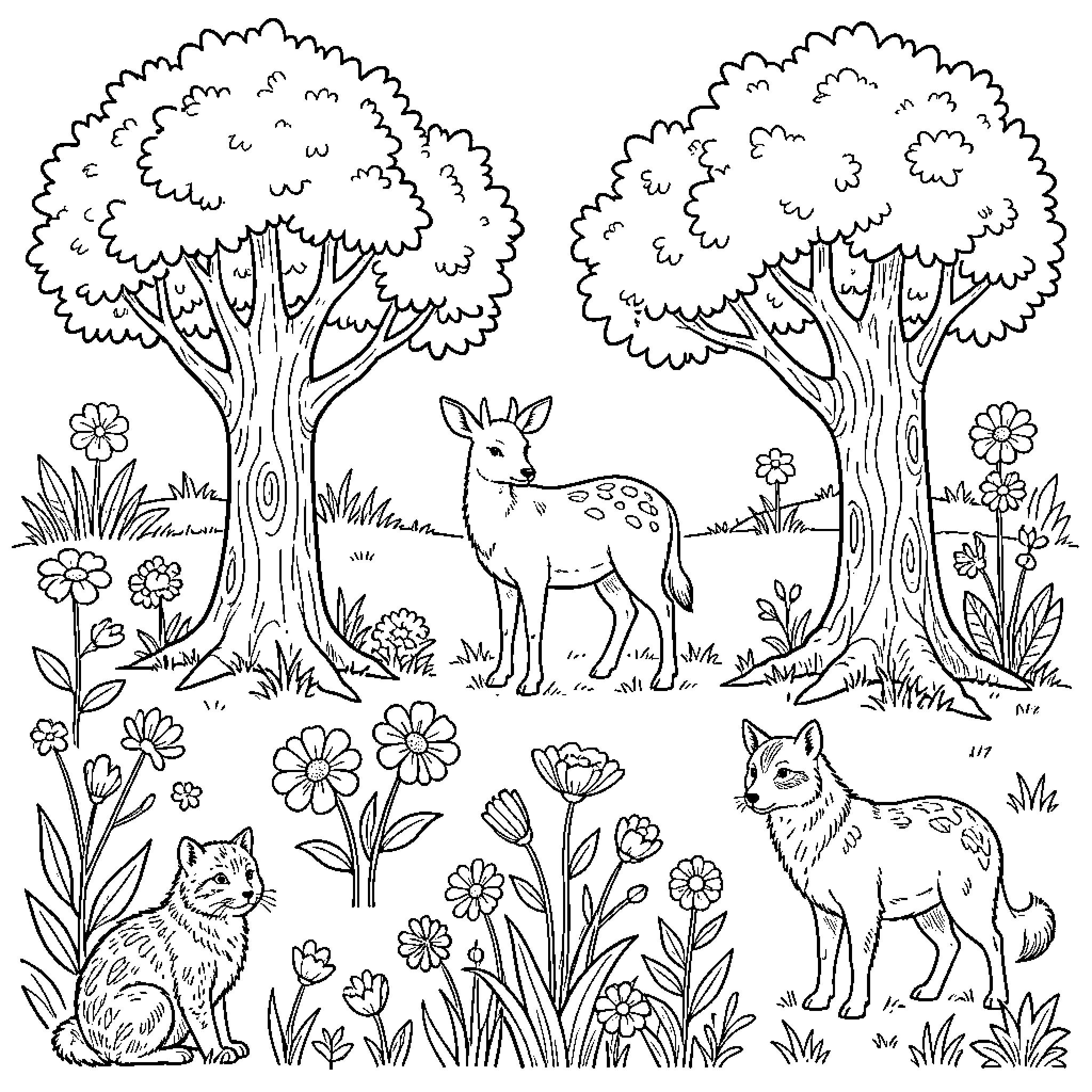 Nature scene with deer and animals among flowers Coloring Page (free black-and-white line drawing printable PDF for all, from beginners to advanced learners, including children, teens, adults, and seniors)
