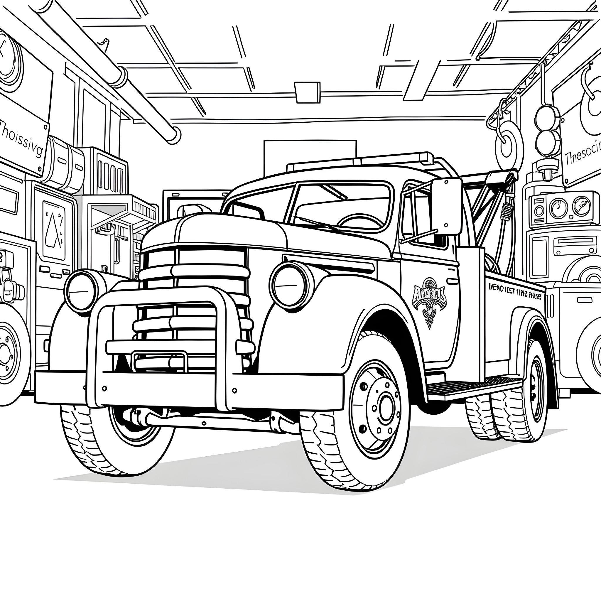 Tow Truck Assisting in a Garage Coloring Page (free black-and-white line drawing printable PDF for all, from beginners to advanced learners, including children, teens, adults, and seniors)
