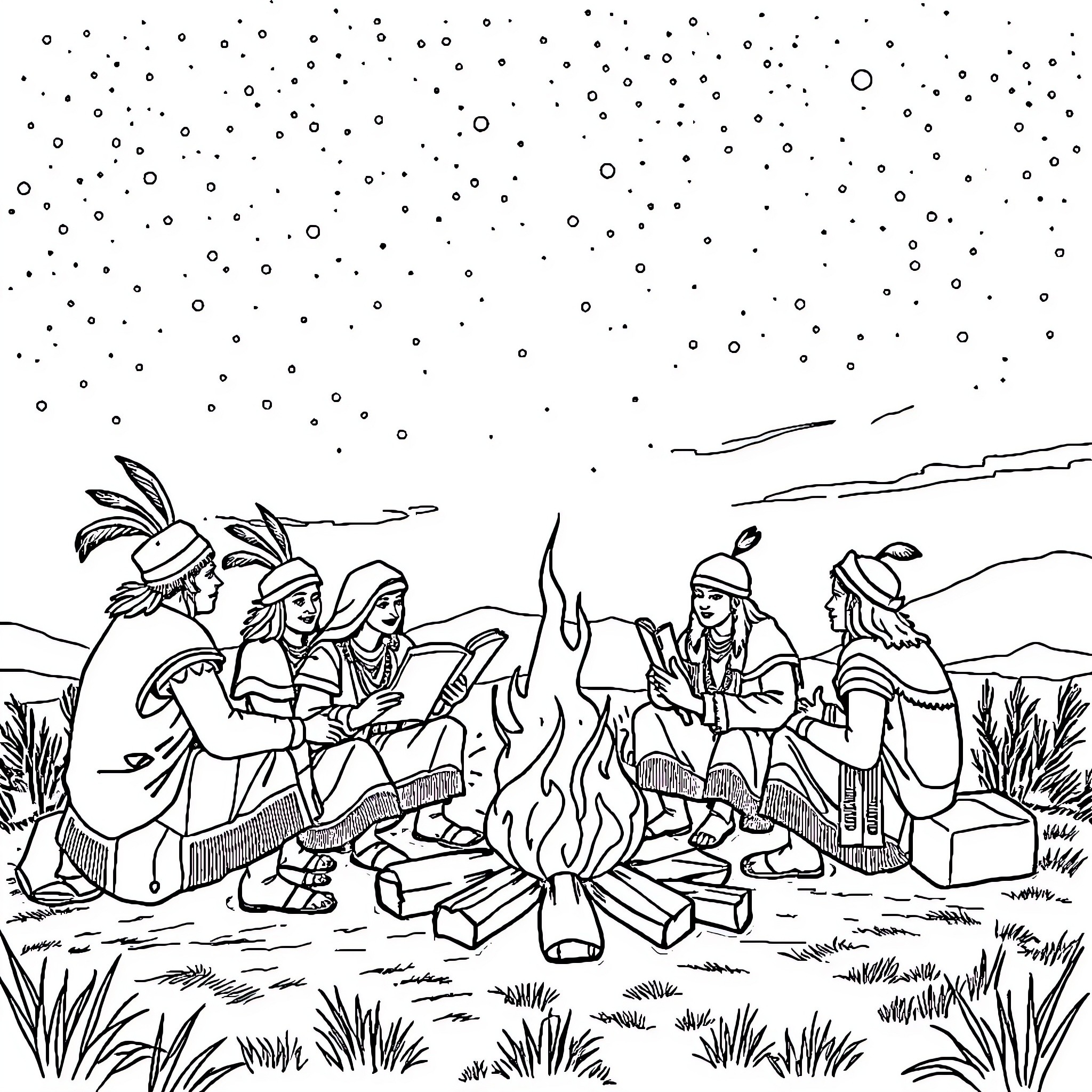 Indigenous People Gathered Around Campfire in Nature Coloring Page (free black-and-white line drawing printable PDF for all, from beginners to advanced learners, including children, teens, adults, and seniors)