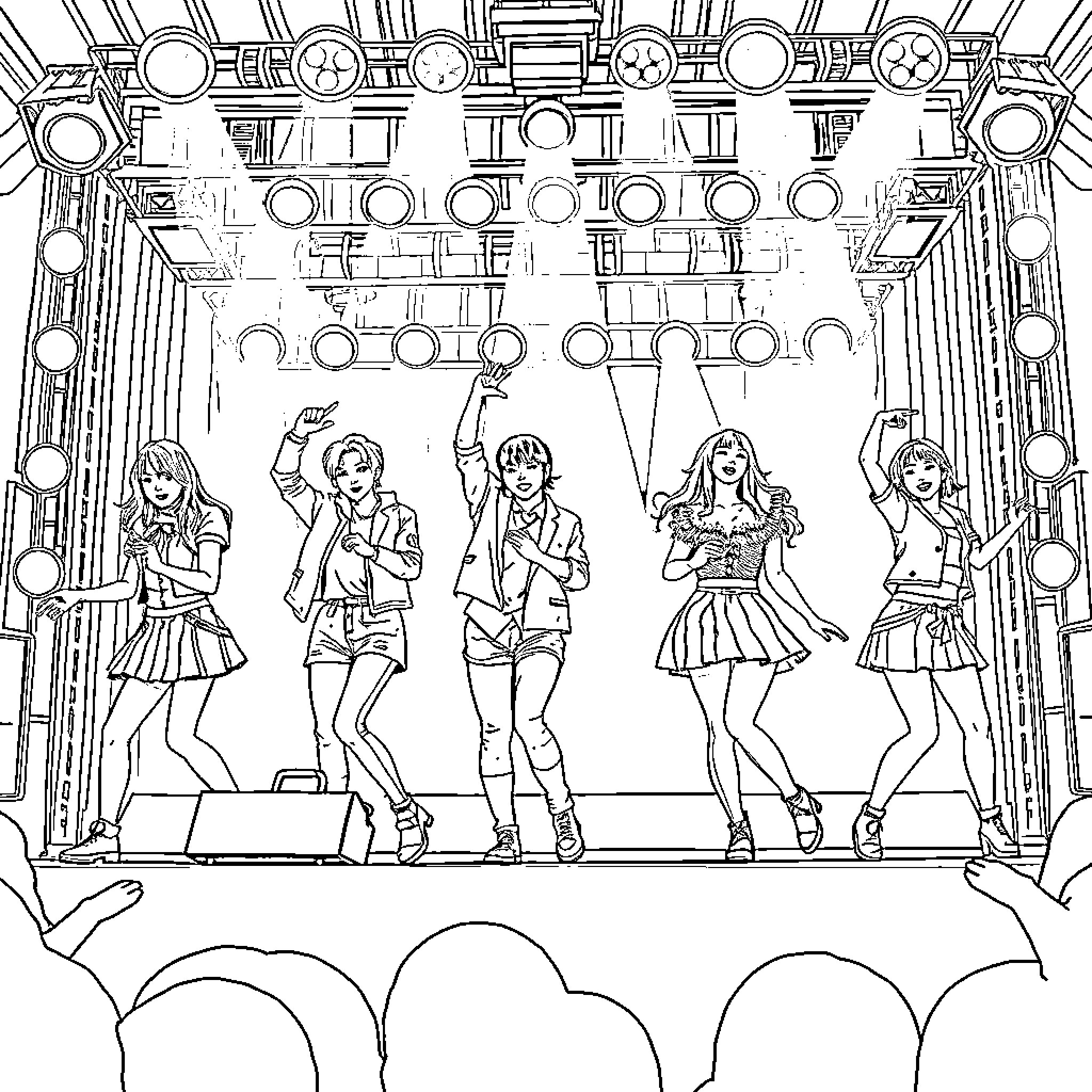 Kpop idols performing on stage with captivating choreography Coloring Page (free black-and-white line drawing printable PDF for all, from beginners to advanced learners, including children, teens, adults, and seniors)