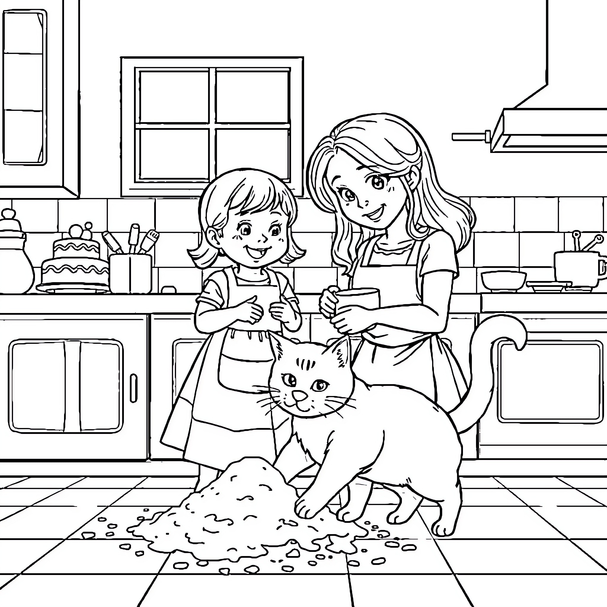 Daughter Helping Mother in the Kitchen Coloring Page (free black-and-white line drawing printable PDF for all, from beginners to advanced learners, including children, teens, adults, and seniors)