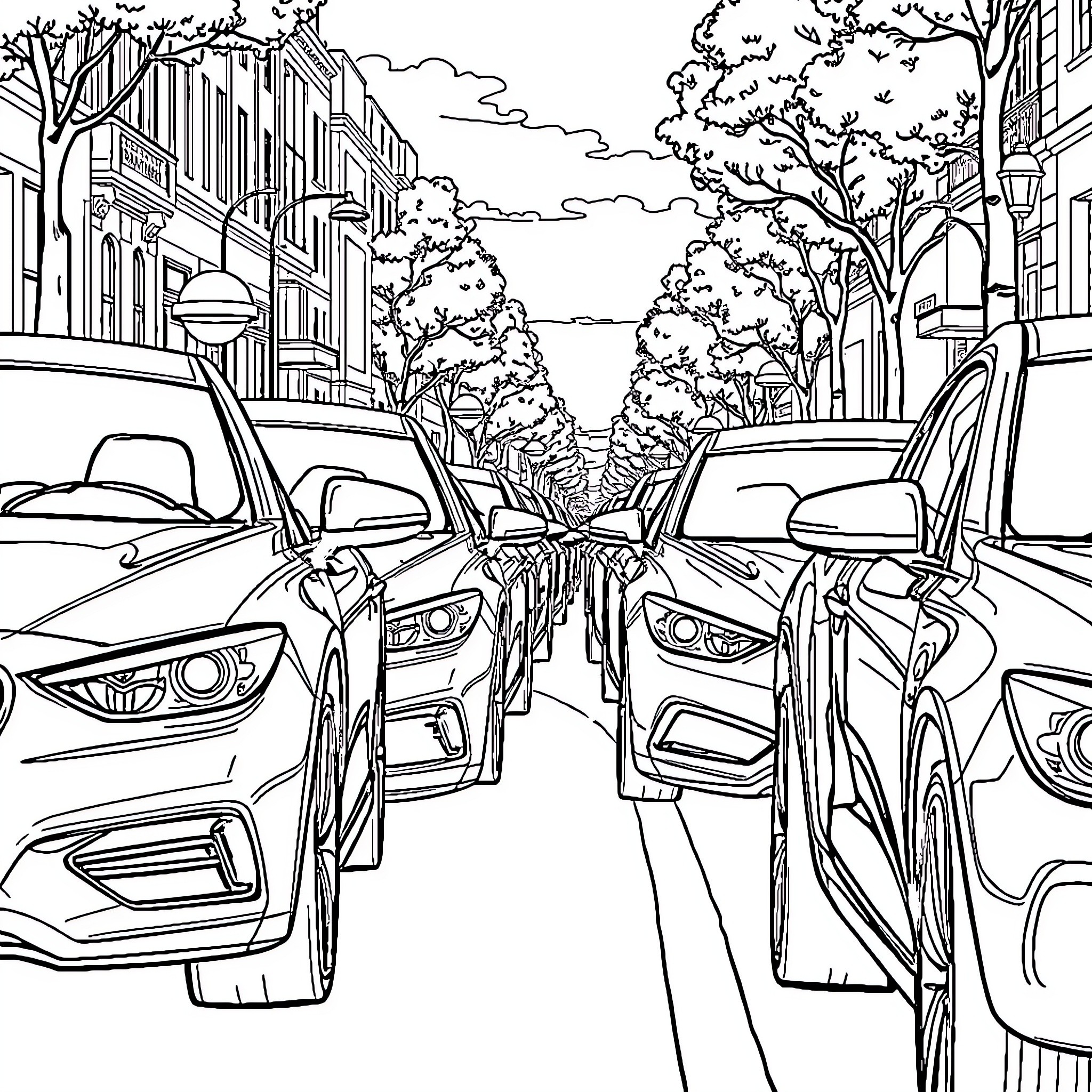 Car Traffic on Busy Urban Street Coloring Page (free black-and-white line drawing printable PDF for all, from beginners to advanced learners, including children, teens, adults, and seniors)