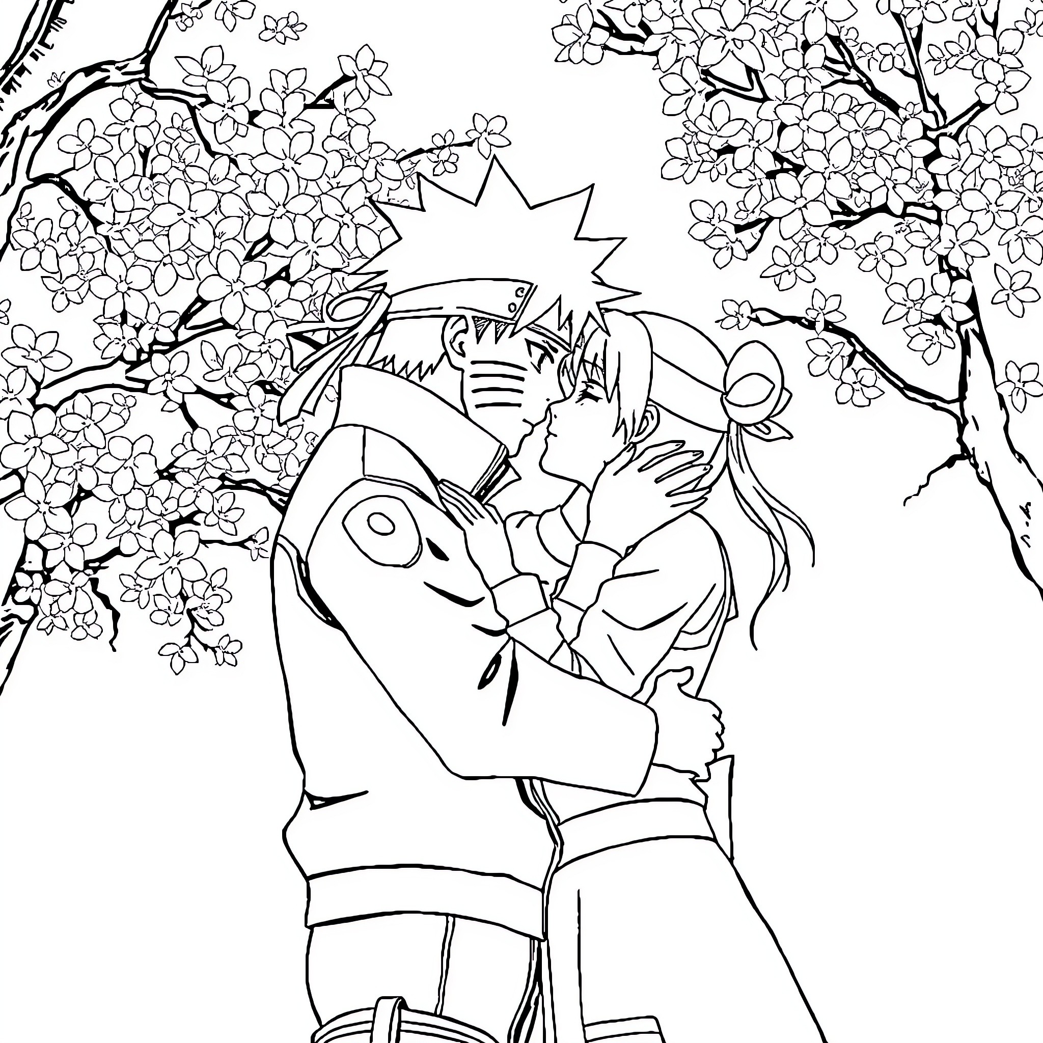 Naruto and Hinata's Romantic Moment in Sakura Blossoms Coloring Page (free black-and-white line drawing printable PDF for all, from beginners to advanced learners, including children, teens, adults, and seniors)