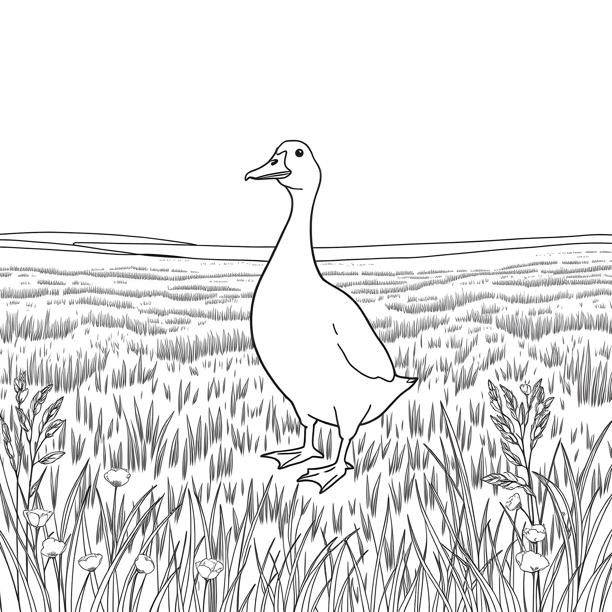 Duck in a Grassy Field Coloring Page (free black-and-white line drawing printable PDF for all, from beginners to advanced learners, including children, teens, adults, and seniors)