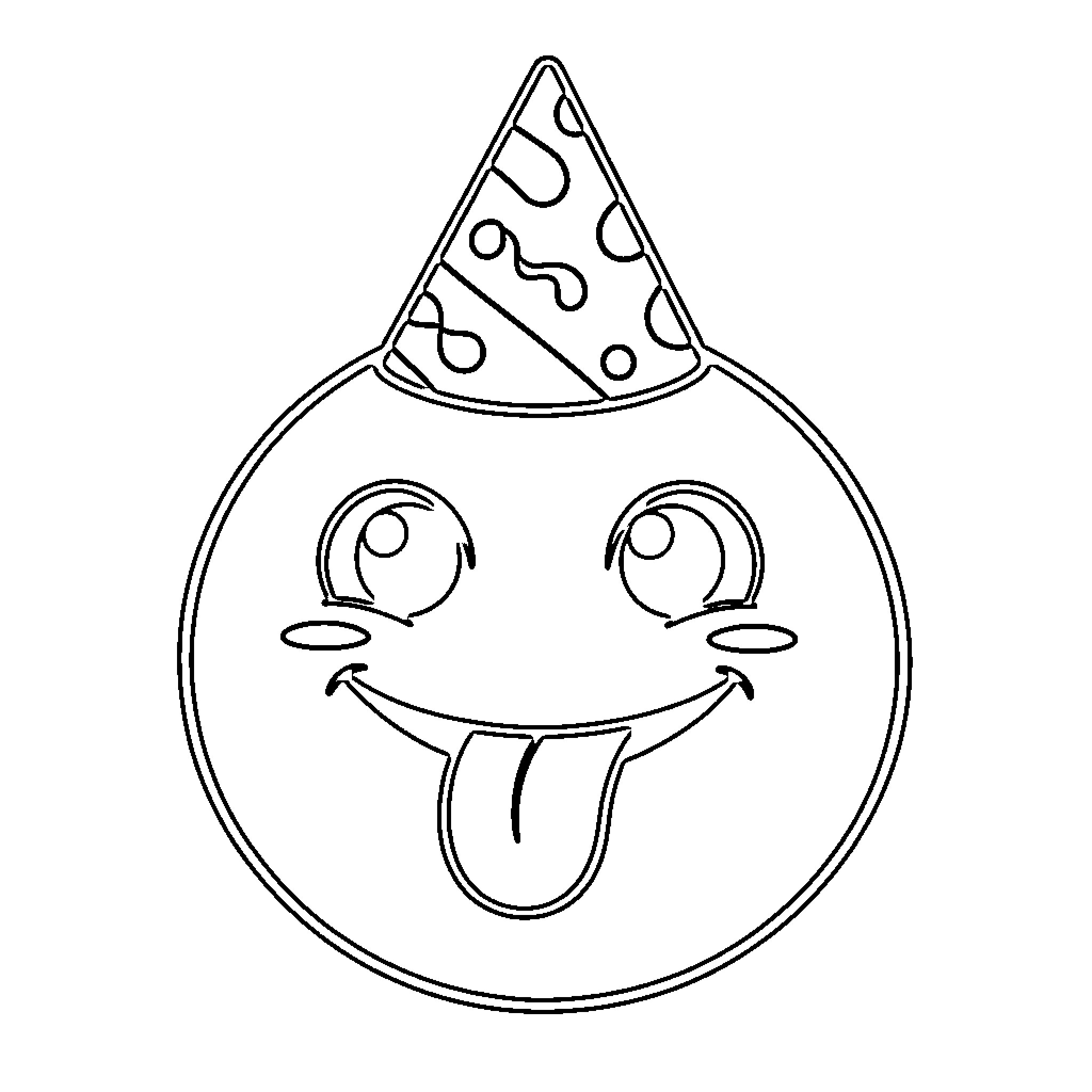 Emoji character wearing a party hat and sticking tongue out Coloring Page (free black-and-white line drawing printable PDF for all, from beginners to advanced learners, including children, teens, adults, and seniors)
