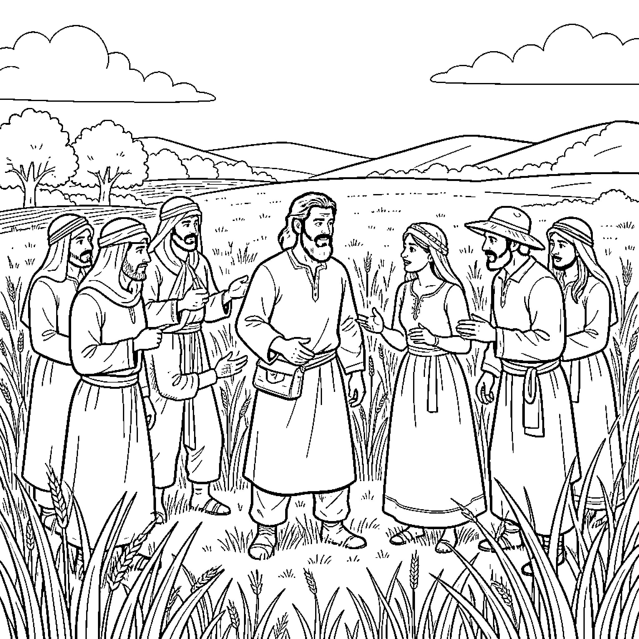 Boaz conversing with people in a grain field Coloring Page (free black-and-white line drawing printable PDF for all, from beginners to advanced learners, including children, teens, adults, and seniors)