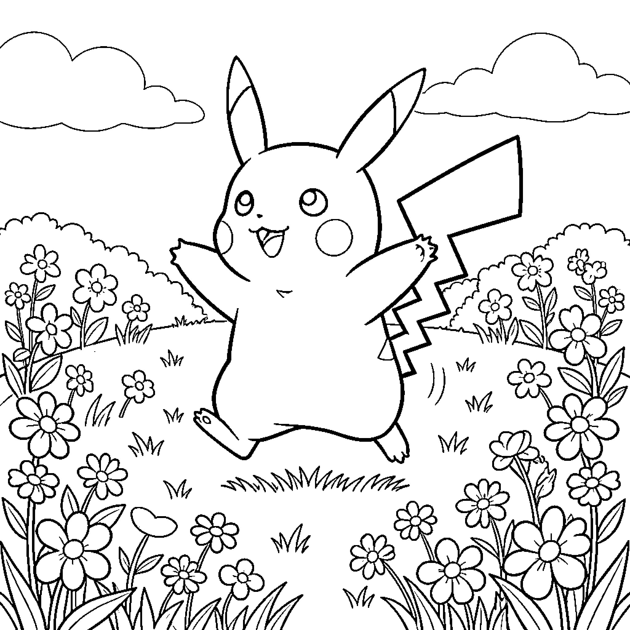 Pikachu frolicking in a flower-filled meadow Coloring Page (free black-and-white line drawing printable PDF for all, from beginners to advanced learners, including children, teens, adults, and seniors)