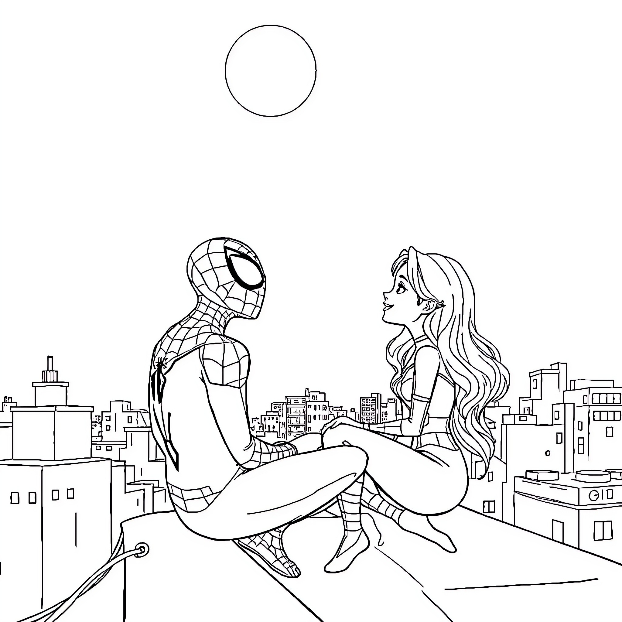 Spiderman helping a woman on the rooftop Coloring Page (free black-and-white line drawing printable PDF for all, from beginners to advanced learners, including children, teens, adults, and seniors)