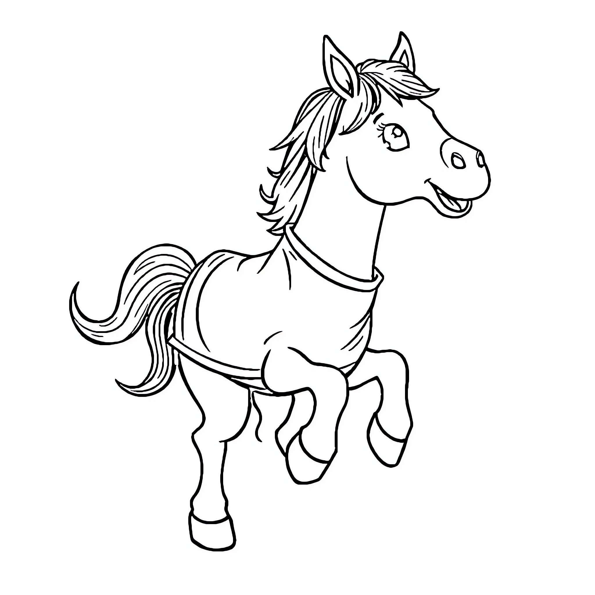 Horse happily galloping Coloring Page (free black-and-white line drawing printable PDF for all, from beginners to advanced learners, including children, teens, adults, and seniors)