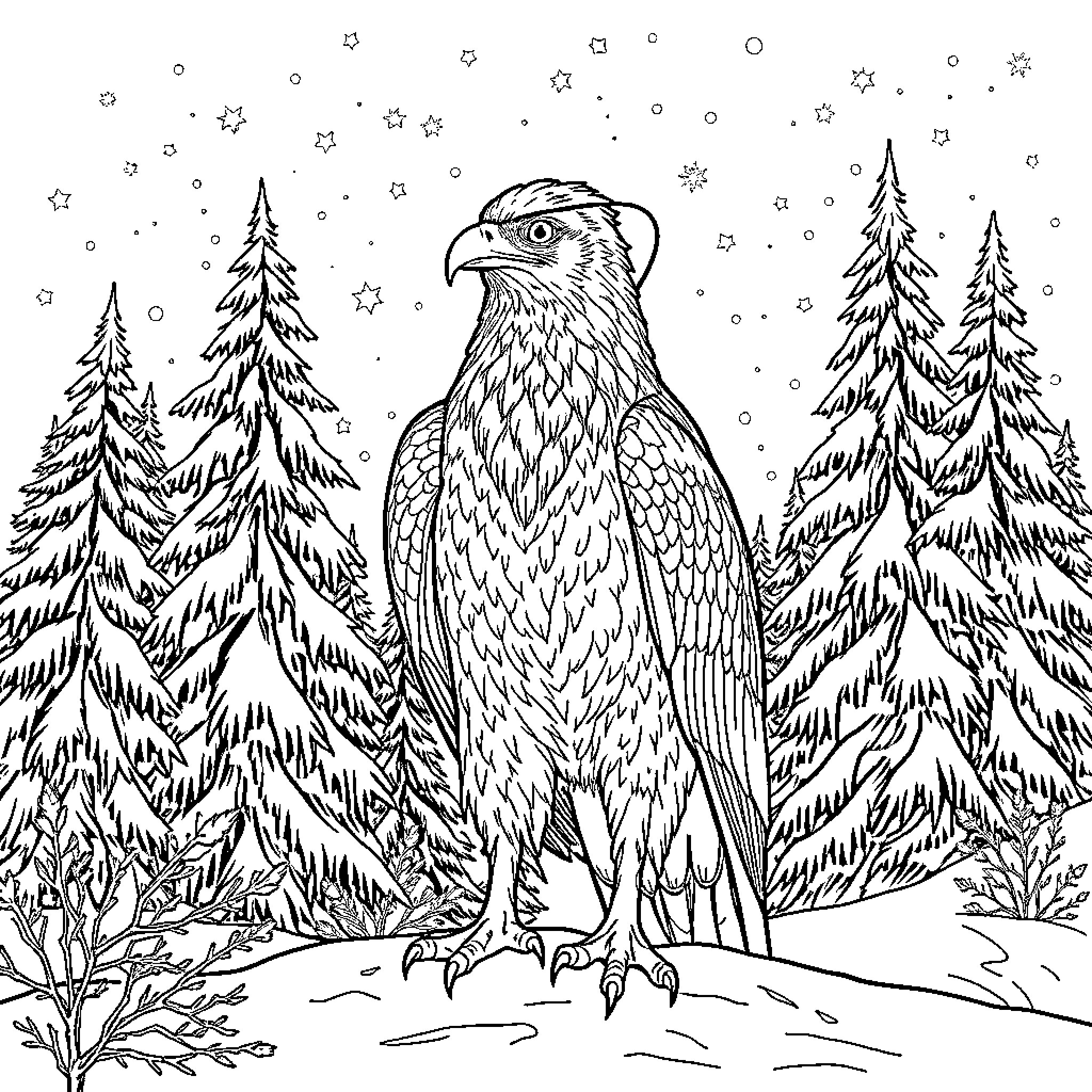 Raptor perched in snowy forest landscape Coloring Page (free black-and-white line drawing printable PDF for all, from beginners to advanced learners, including children, teens, adults, and seniors)