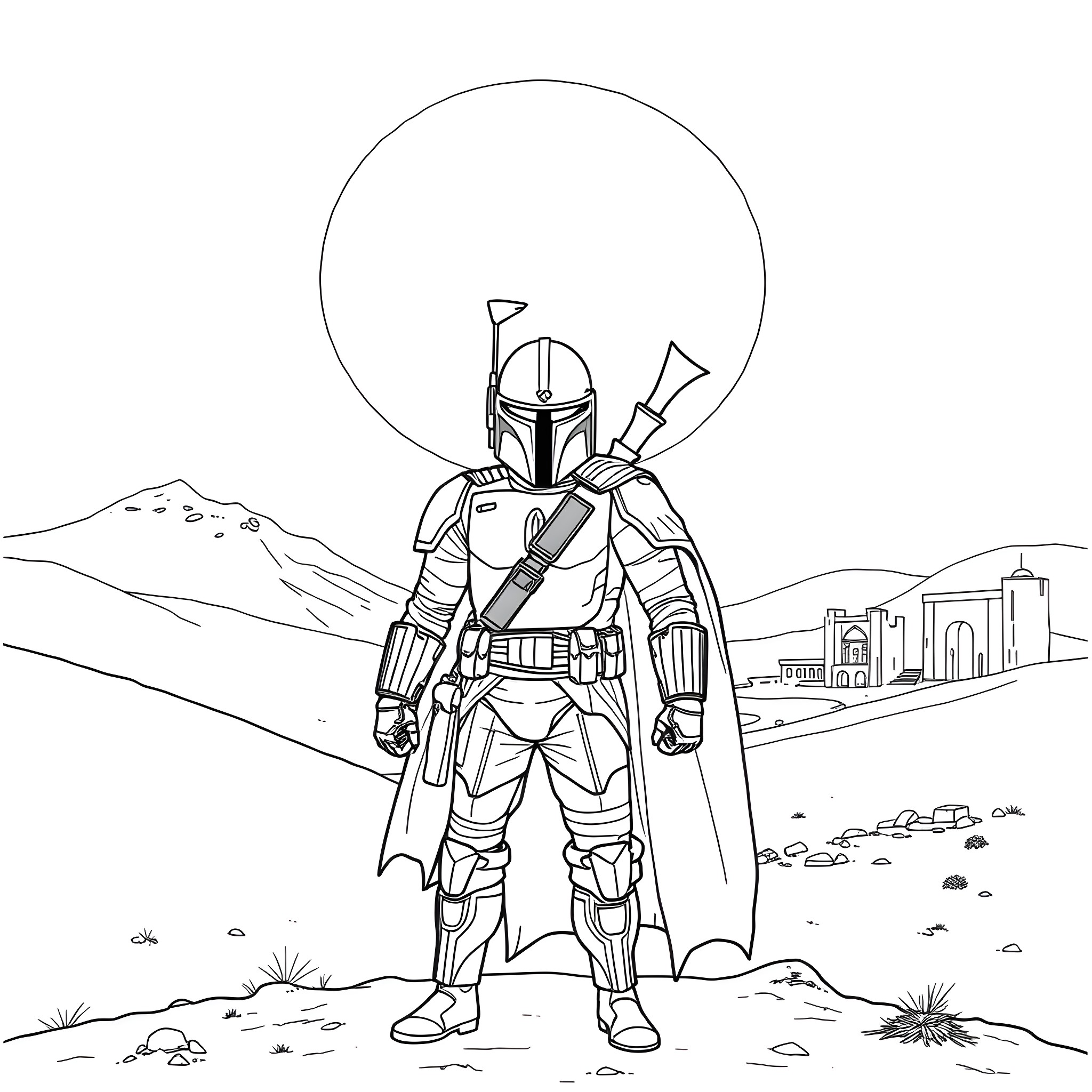 Mandalorian warrior stands vigilant in the desert landscape Coloring Page (free black-and-white line drawing printable PDF for all, from beginners to advanced learners, including children, teens, adults, and seniors)