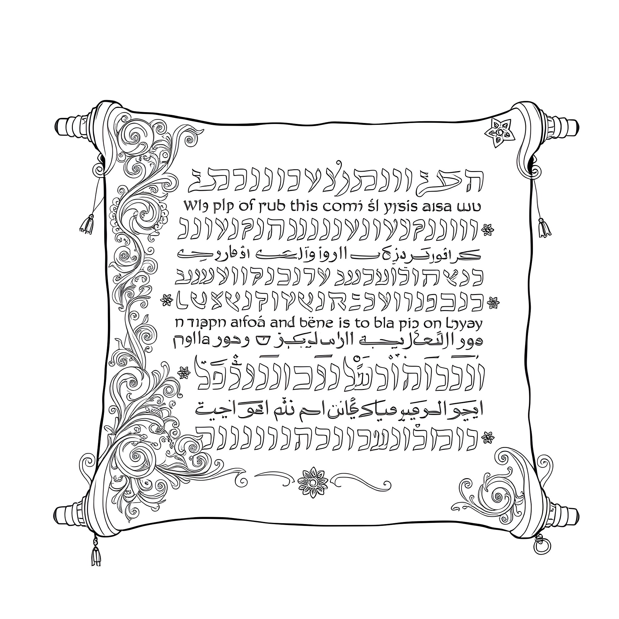 Torah Character Scroll with Ornate Border Coloring Page (free black-and-white line drawing printable PDF for all, from beginners to advanced learners, including children, teens, adults, and seniors)