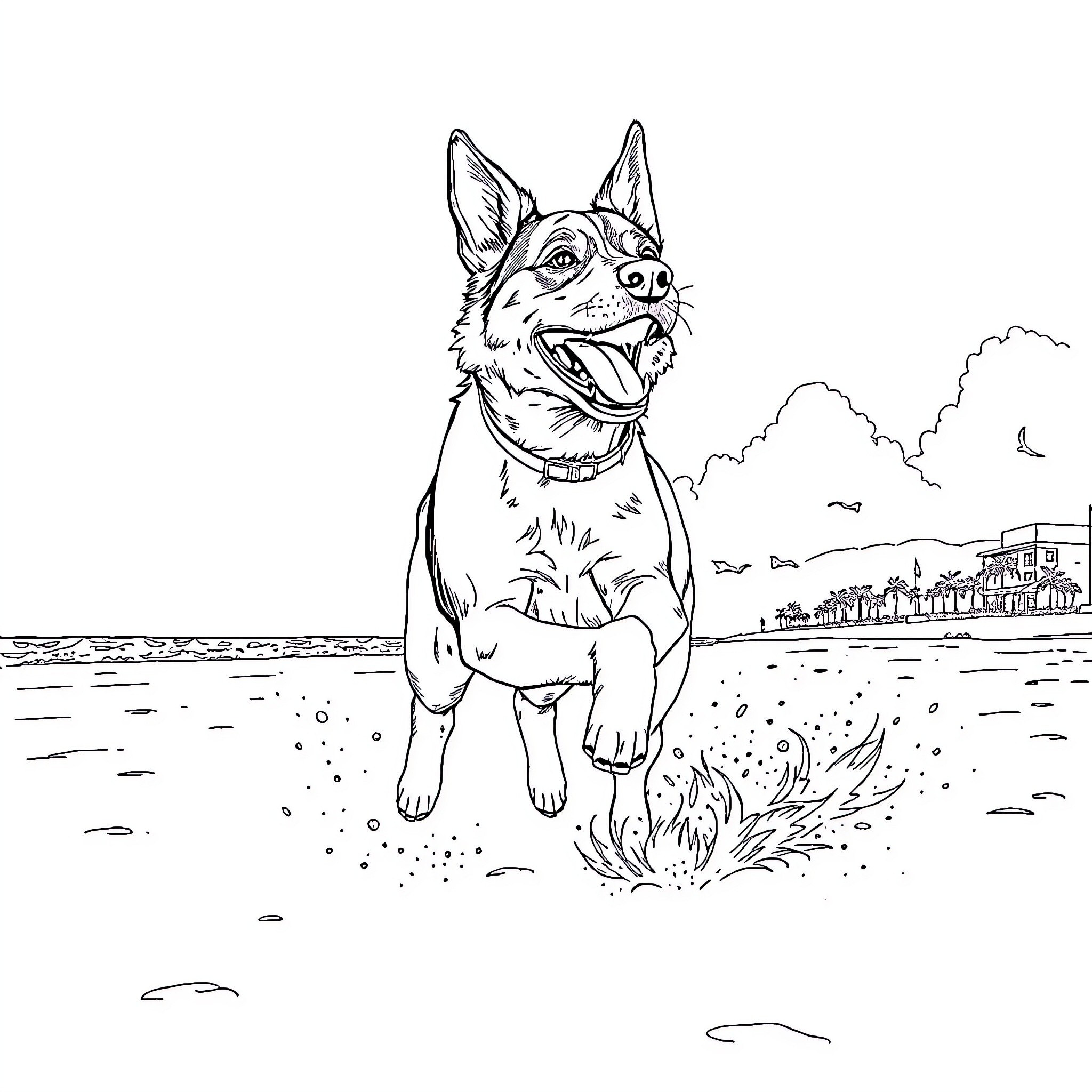 Perro jugando felizmente en la playa Coloring Page (free black-and-white line drawing printable PDF for all, from beginners to advanced learners, including children, teens, adults, and seniors)