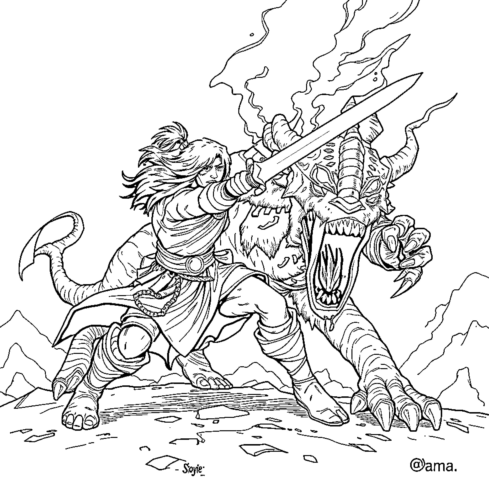 Runescape Character in epic battle with monstrous creature Coloring Page (free black-and-white line drawing printable PDF for all, from beginners to advanced learners, including children, teens, adults, and seniors)