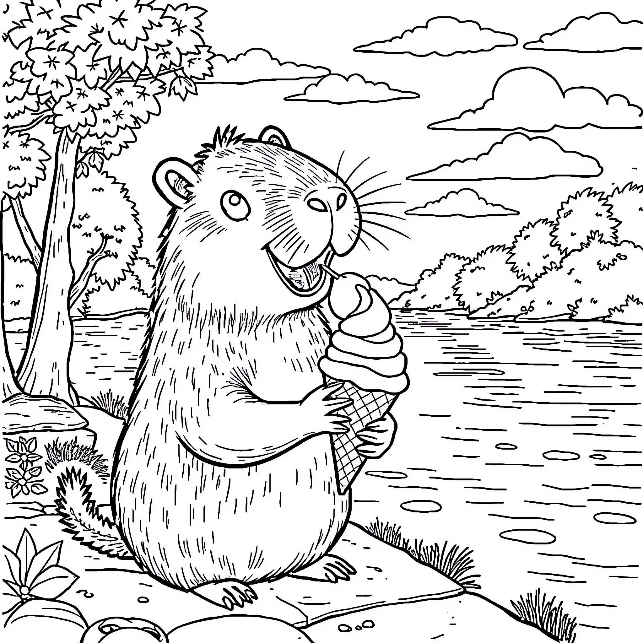 Capybara enjoying nature near a river Coloring Page (free black-and-white line drawing printable PDF for all, from beginners to advanced learners, including children, teens, adults, and seniors)