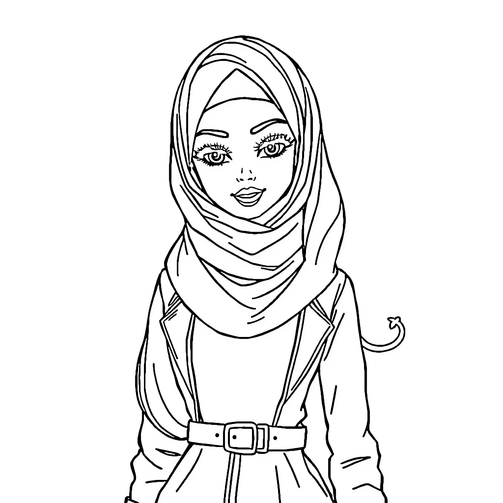 Barbie woman in traditional hijab attire Coloring Page (free black-and-white line drawing printable PDF for all, from beginners to advanced learners, including children, teens, adults, and seniors)