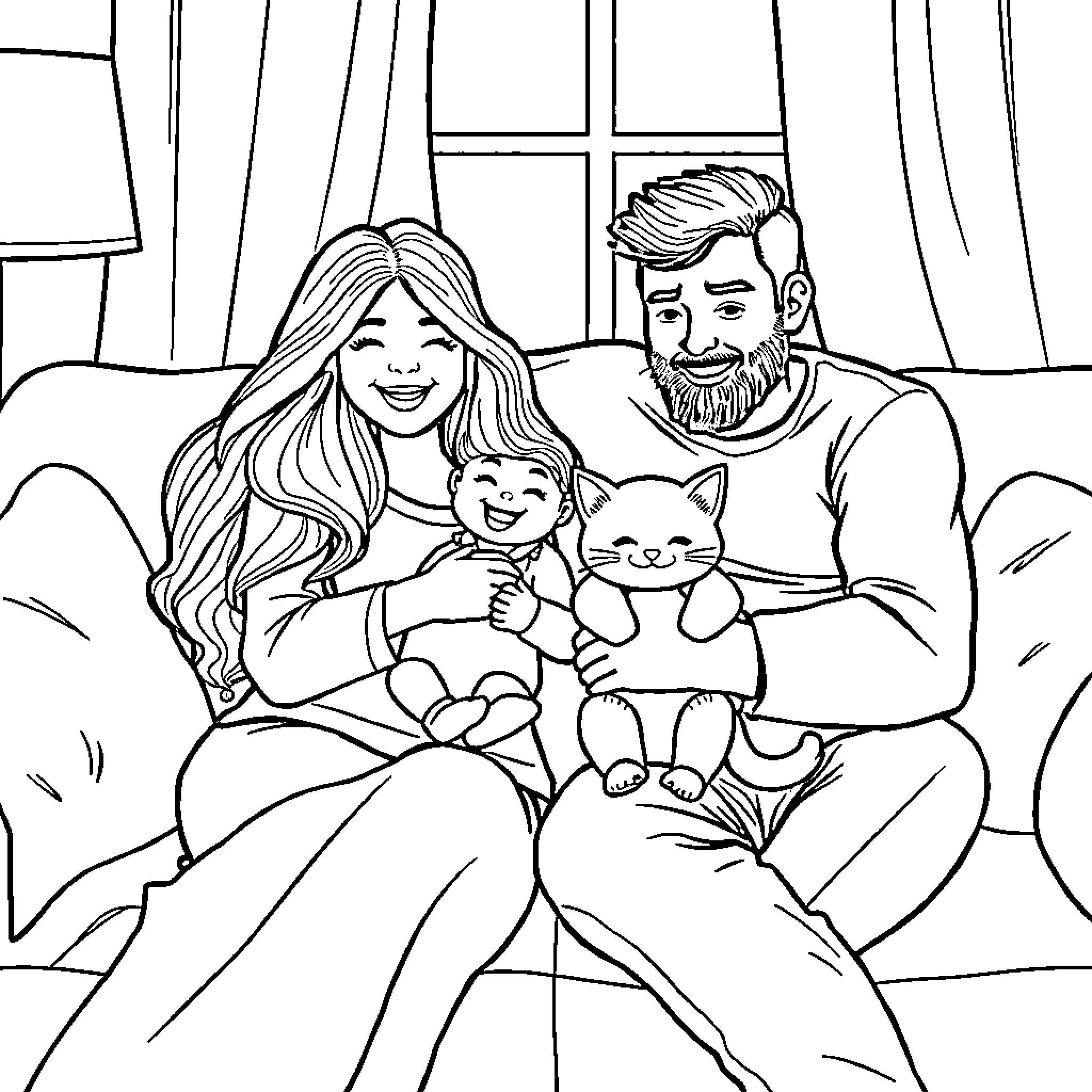 Family enjoying peaceful time together Coloring Page (free black-and-white line drawing printable PDF for all, from beginners to advanced learners, including children, teens, adults, and seniors)