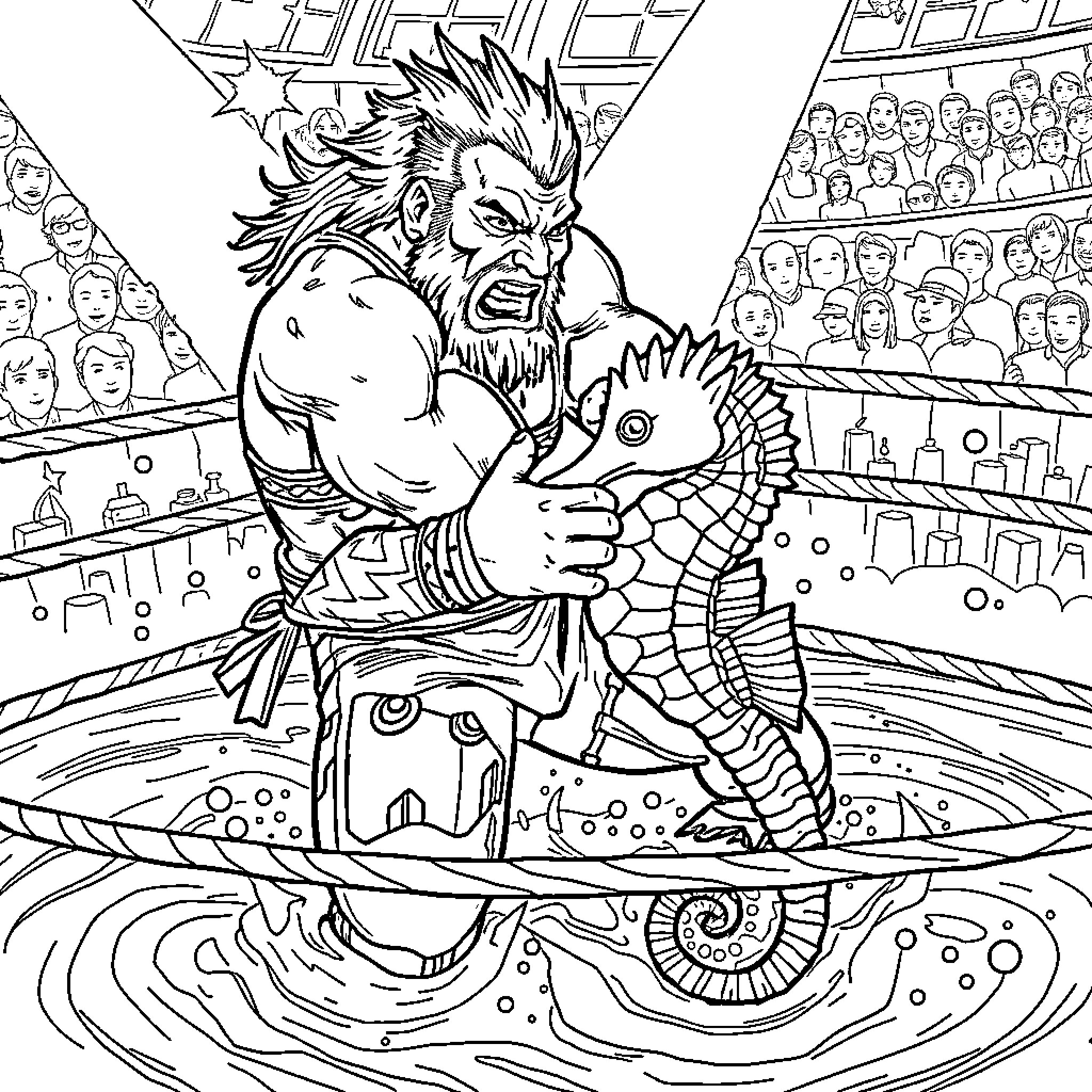 Macho Man Defeats Giant Sea Creature in Epic Battle Coloring Page (free black-and-white line drawing printable PDF for all, from beginners to advanced learners, including children, teens, adults, and seniors)