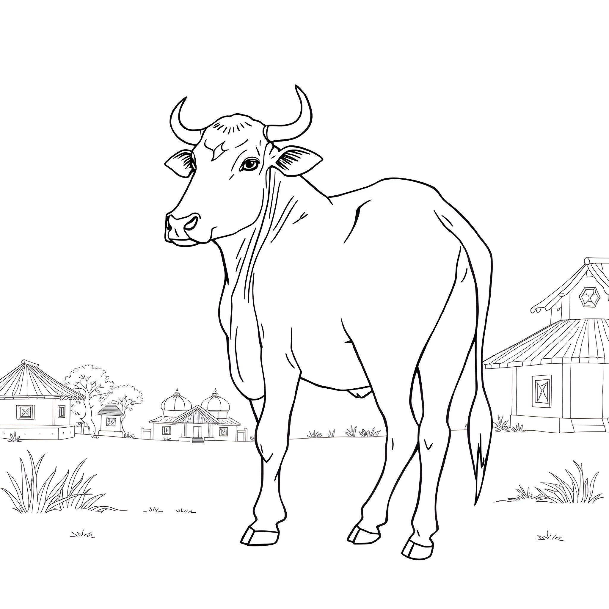 Cow standing peacefully in a rural setting Coloring Page (free black-and-white line drawing printable PDF for all, from beginners to advanced learners, including children, teens, adults, and seniors)