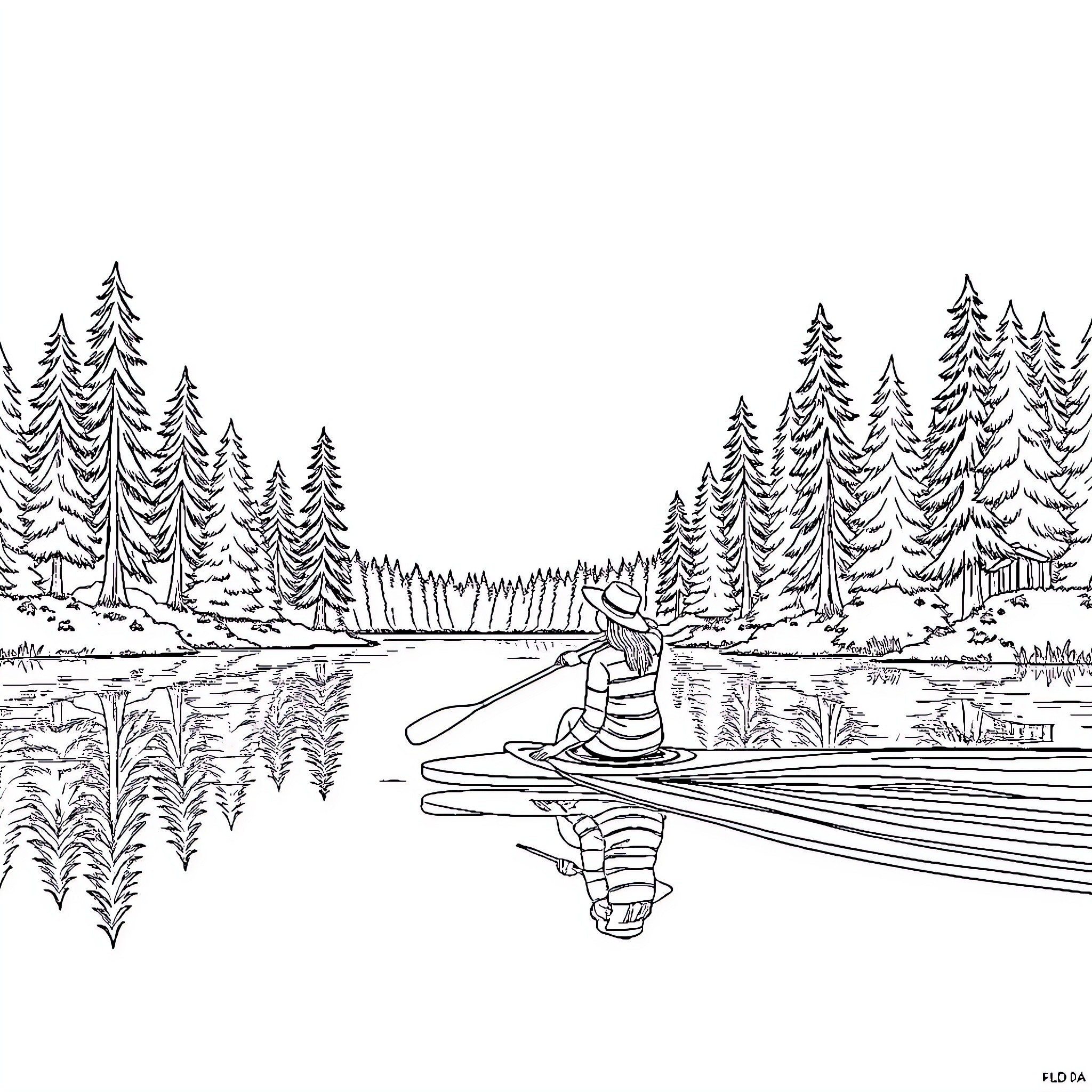 Meredith Relaxing on Dock by Serene Lake Coloring Page (free black-and-white line drawing printable PDF for all, from beginners to advanced learners, including children, teens, adults, and seniors)