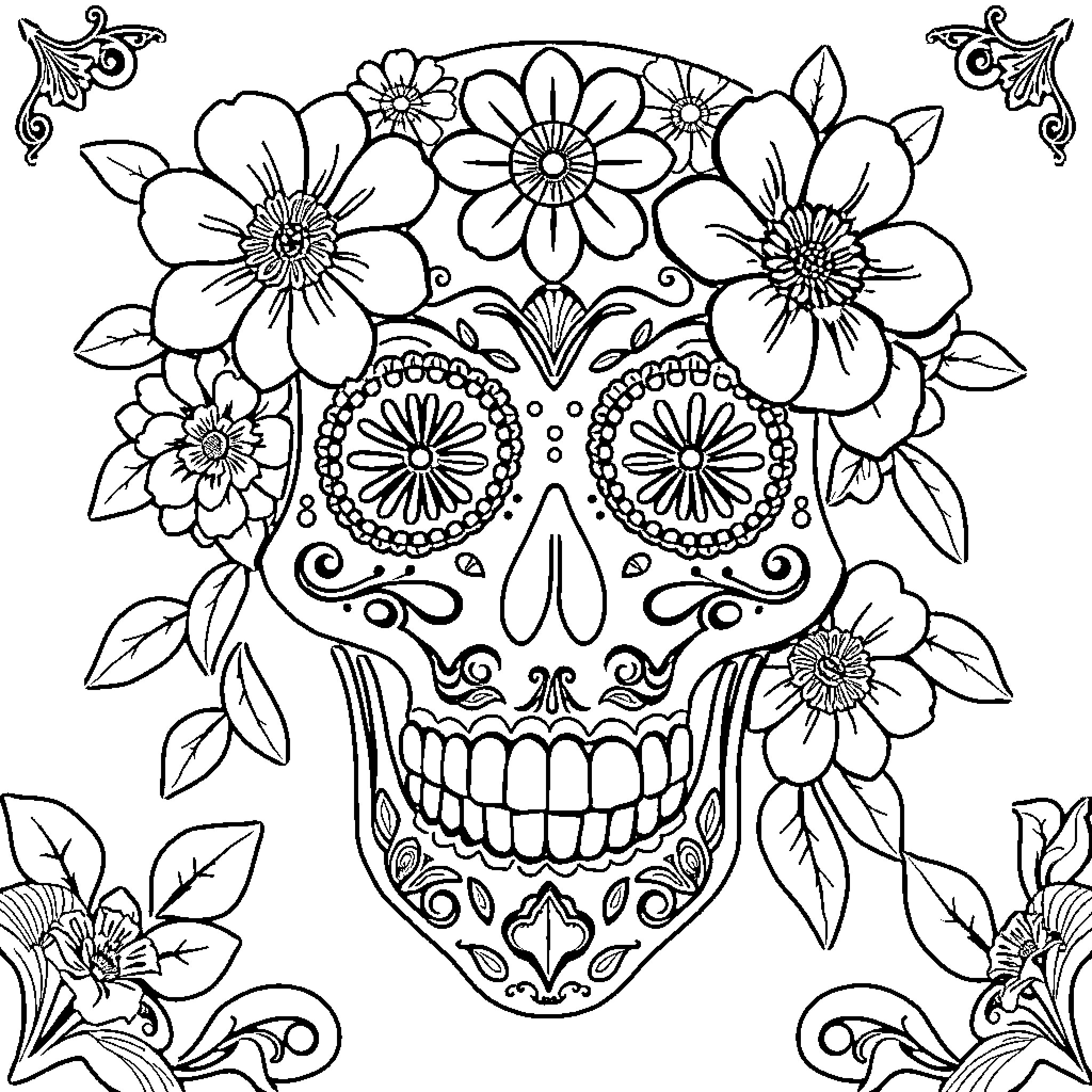 Sugar Skull with Intricate Floral Decorations Coloring Page (free black-and-white line drawing printable PDF for all, from beginners to advanced learners, including children, teens, adults, and seniors)
