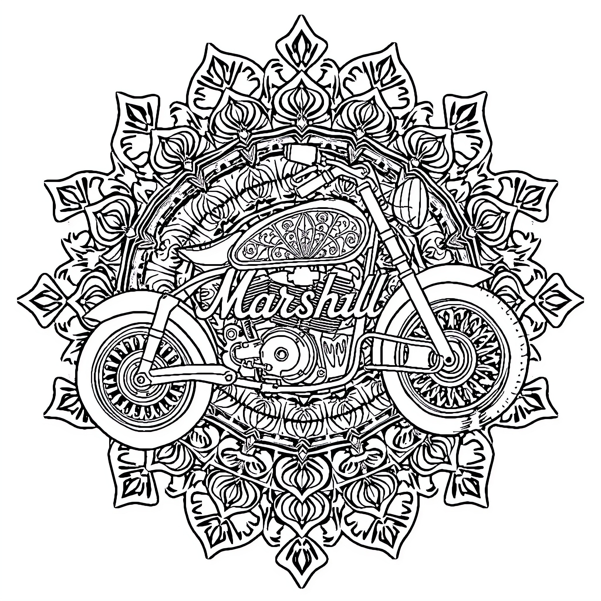 Motorcycle in ornate floral mandala design Coloring Page (free black-and-white line drawing printable PDF for all, from beginners to advanced learners, including children, teens, adults, and seniors)