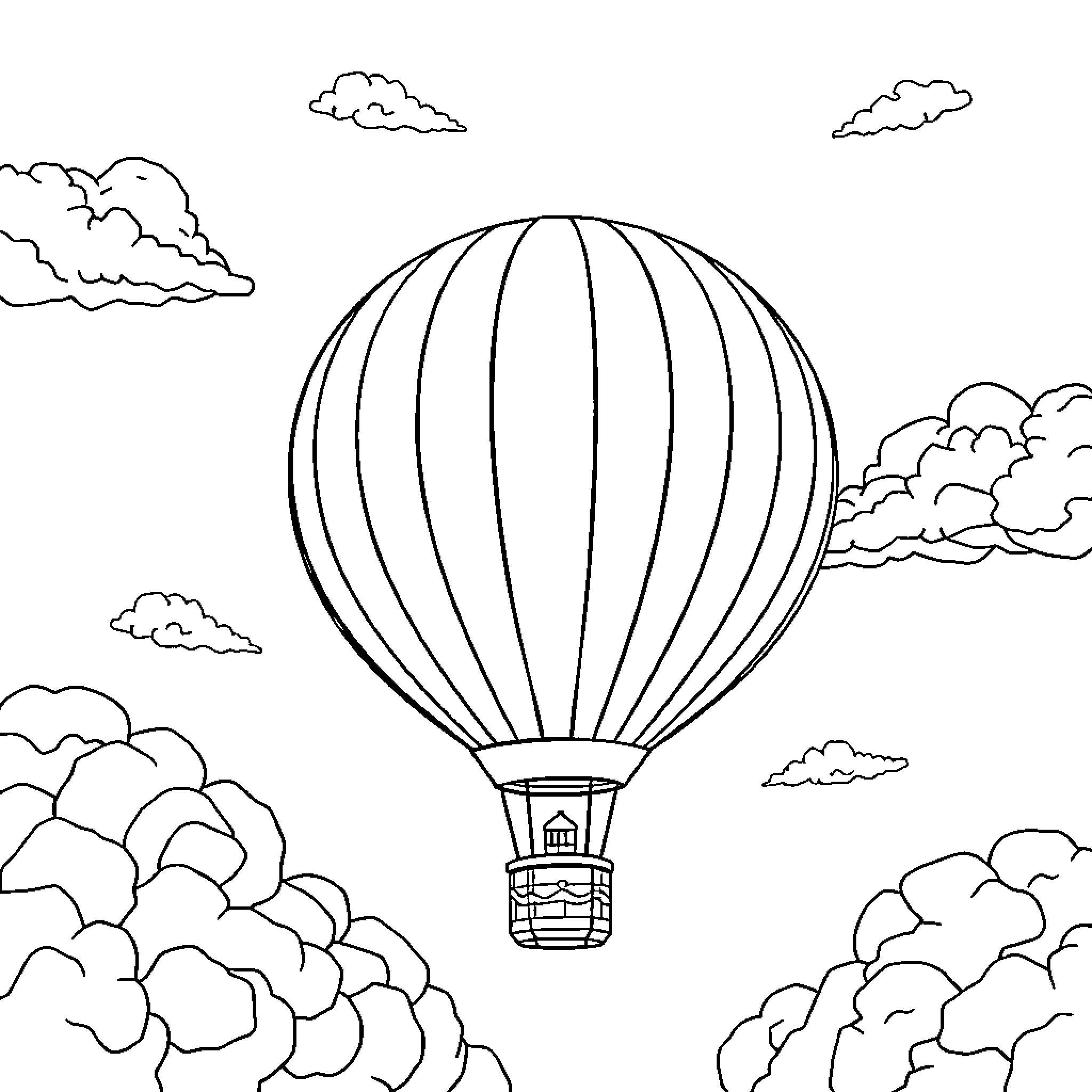 Globo Aerostático sobrevoando nuvens Coloring Page (free black-and-white line drawing printable PDF for all, from beginners to advanced learners, including children, teens, adults, and seniors)