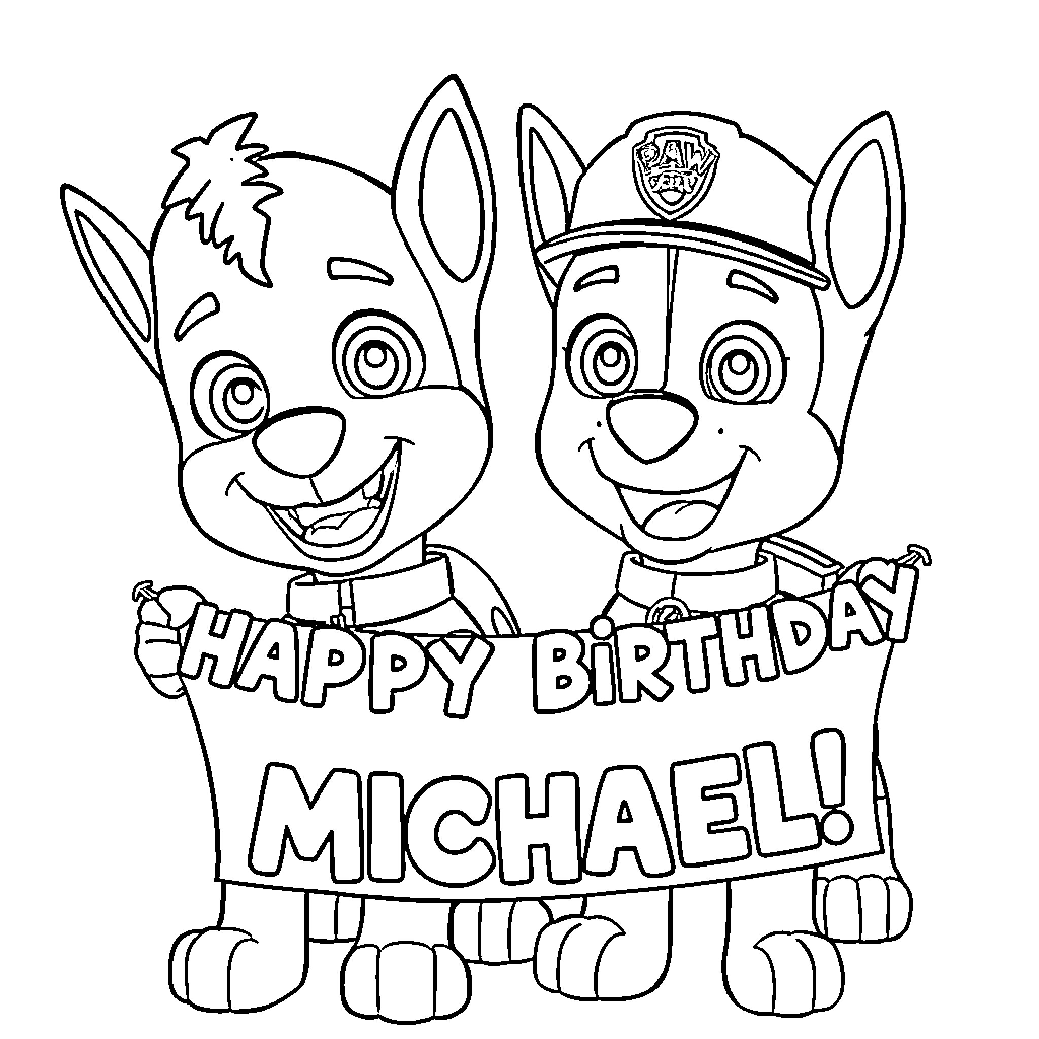 Paw Patrol Puppies Celebrating Birthday Coloring Page (free black-and-white line drawing printable PDF for all, from beginners to advanced learners, including children, teens, adults, and seniors)