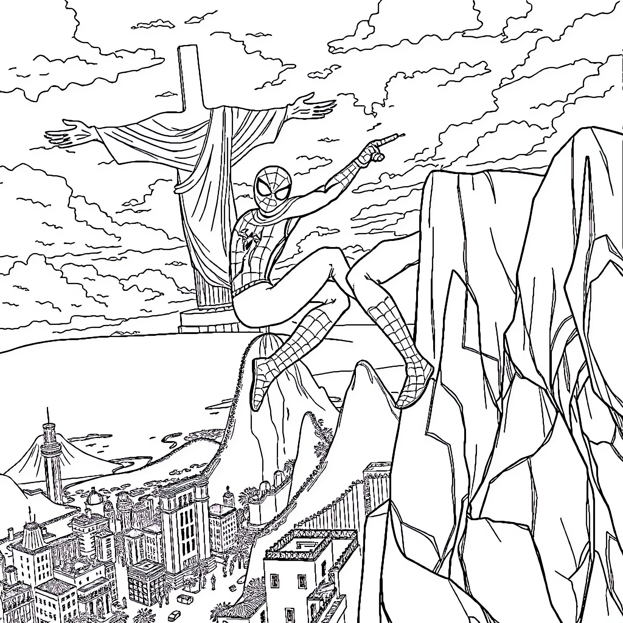 Spider-Man swinging over the city with Christ the Redeemer statue Coloring Page (free black-and-white line drawing printable PDF for all, from beginners to advanced learners, including children, teens, adults, and seniors)