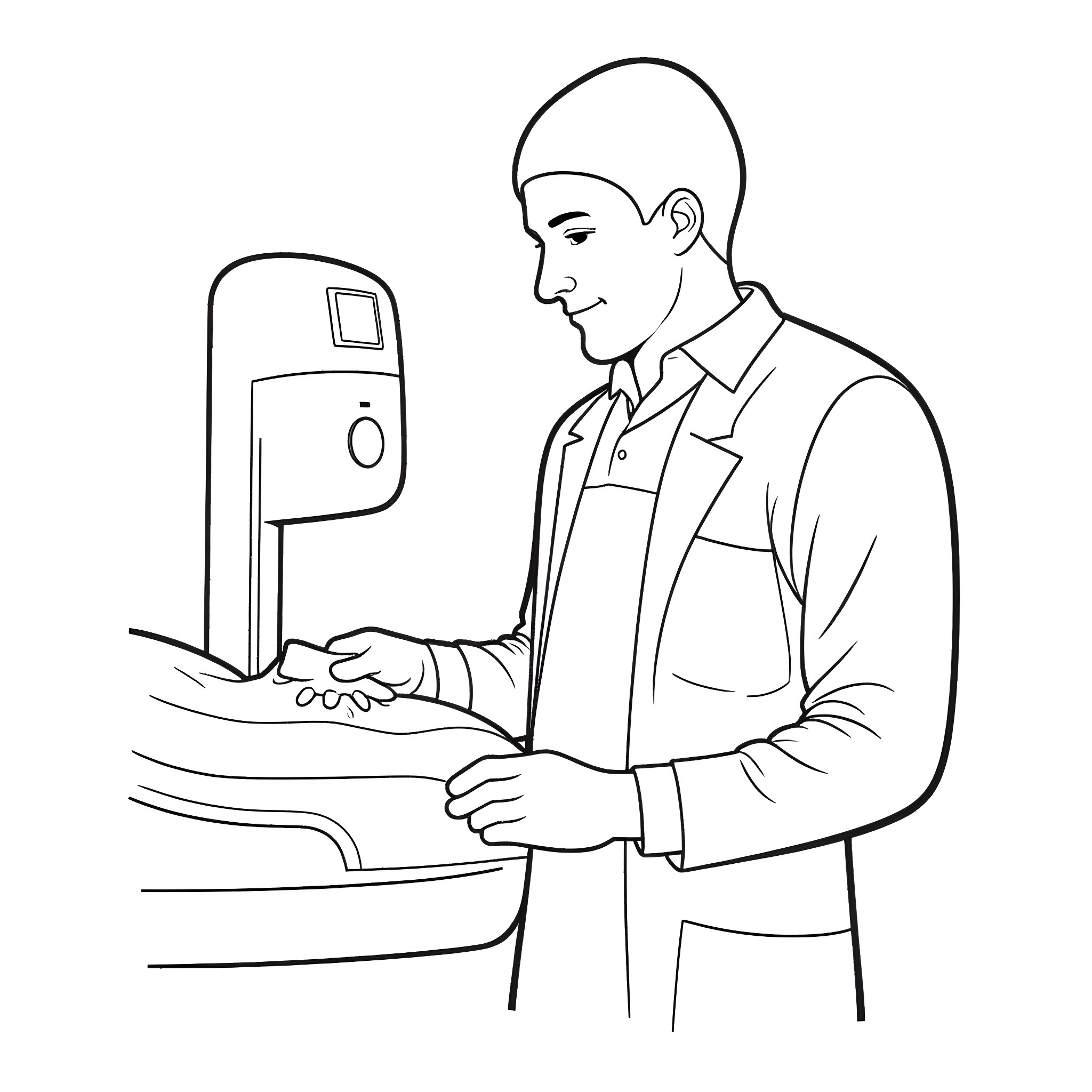 Physician operating medical equipment in office Coloring Page (free black-and-white line drawing printable PDF for all, from beginners to advanced learners, including children, teens, adults, and seniors)