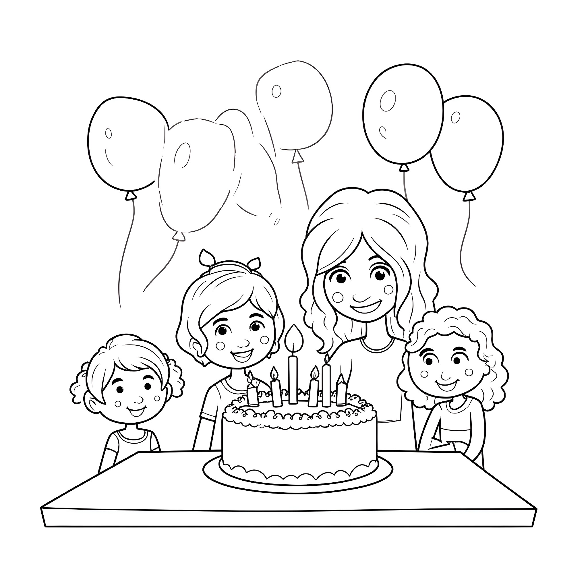 Bluey's birthday celebration with family Coloring Page (free black-and-white line drawing printable PDF for all, from beginners to advanced learners, including children, teens, adults, and seniors)