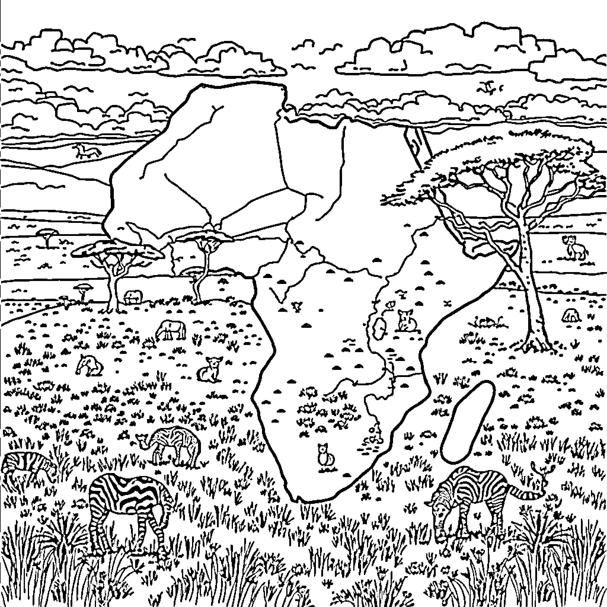 Map of Scenic African Landscape Coloring Page (free black-and-white line drawing printable PDF for all, from beginners to advanced learners, including children, teens, adults, and seniors)