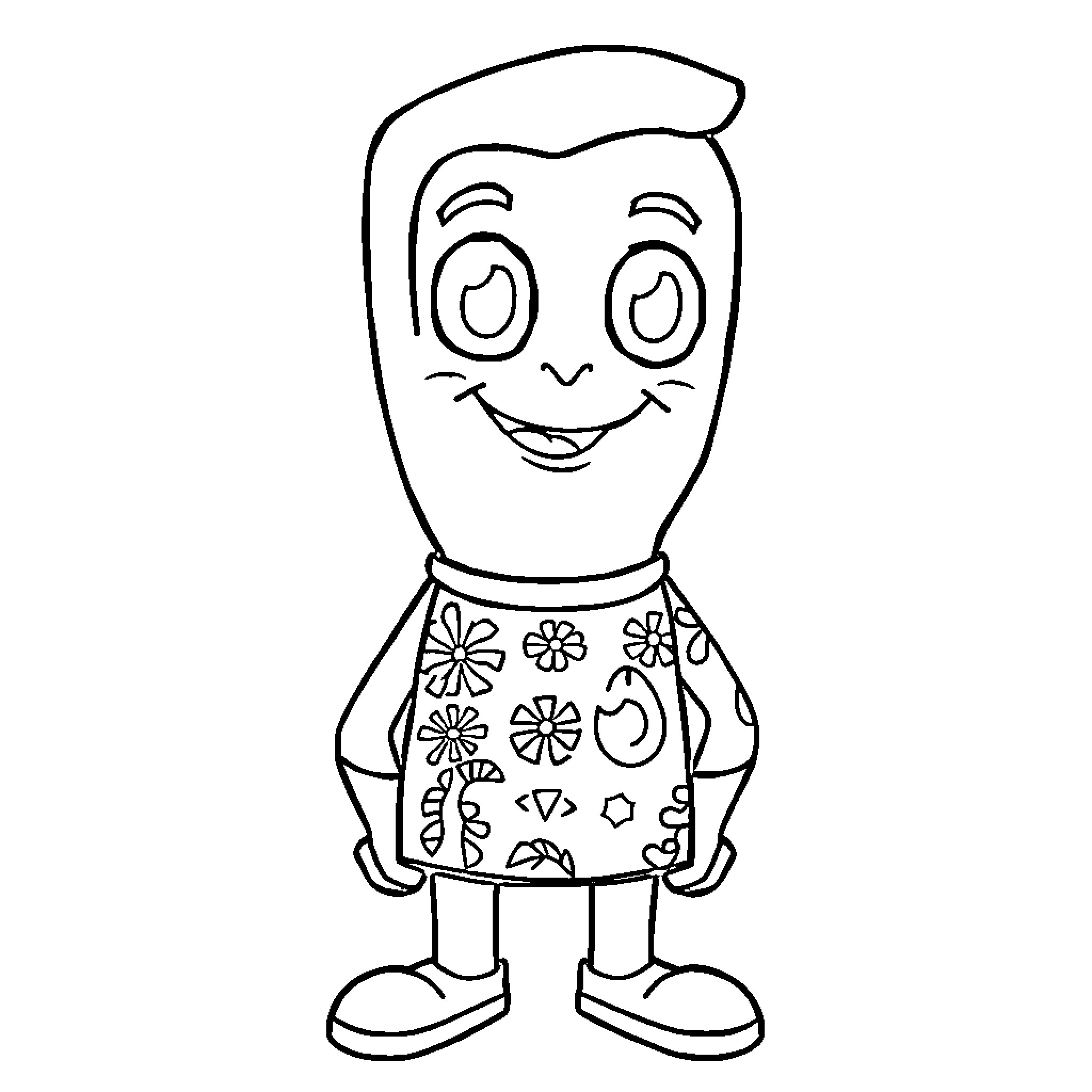 Gumby's Flower-Patterned Outfit and Cheerful Expression Coloring Page (free black-and-white line drawing printable PDF for all, from beginners to advanced learners, including children, teens, adults, and seniors)