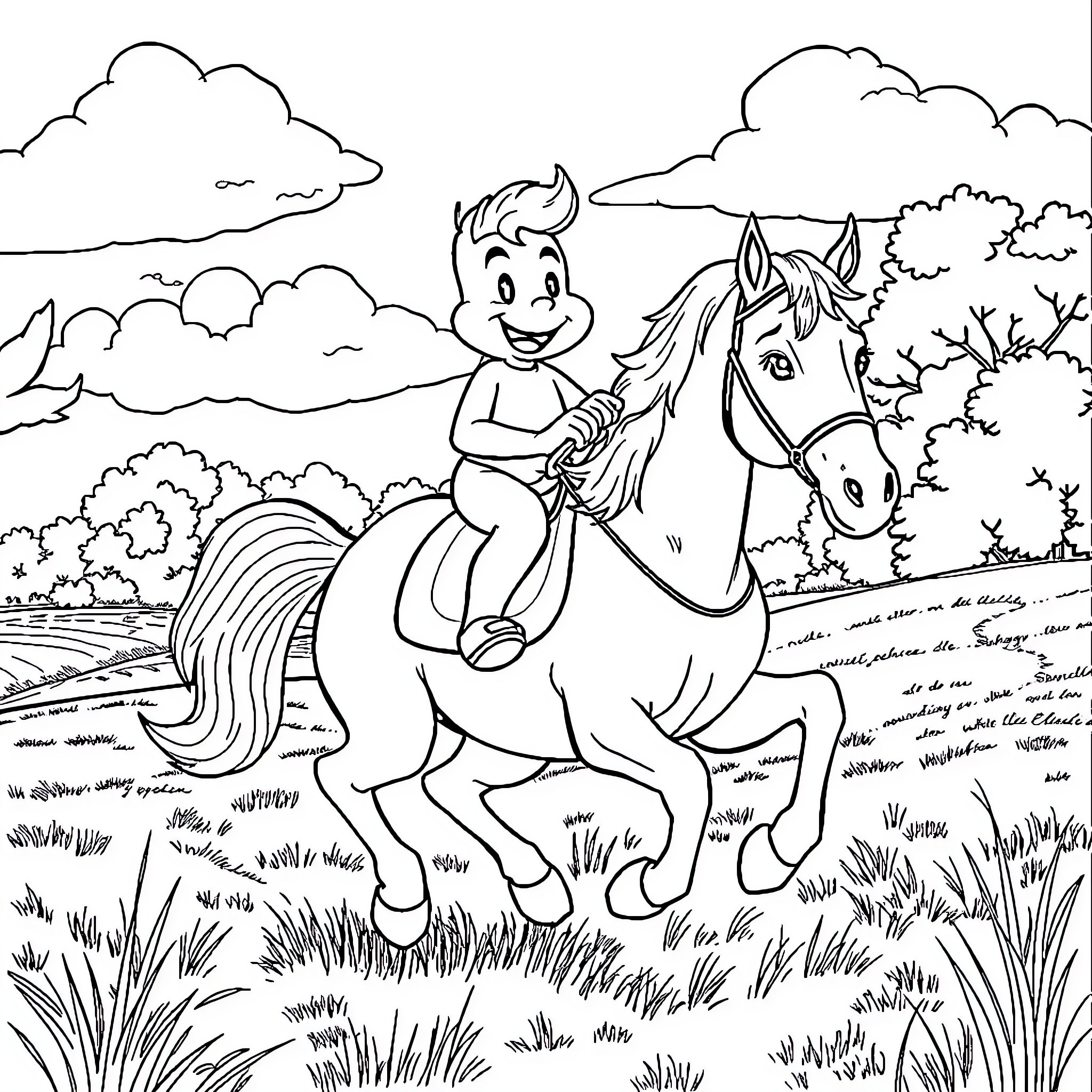 Spongebob riding a horse through the countryside Coloring Page (free black-and-white line drawing printable PDF for all, from beginners to advanced learners, including children, teens, adults, and seniors)