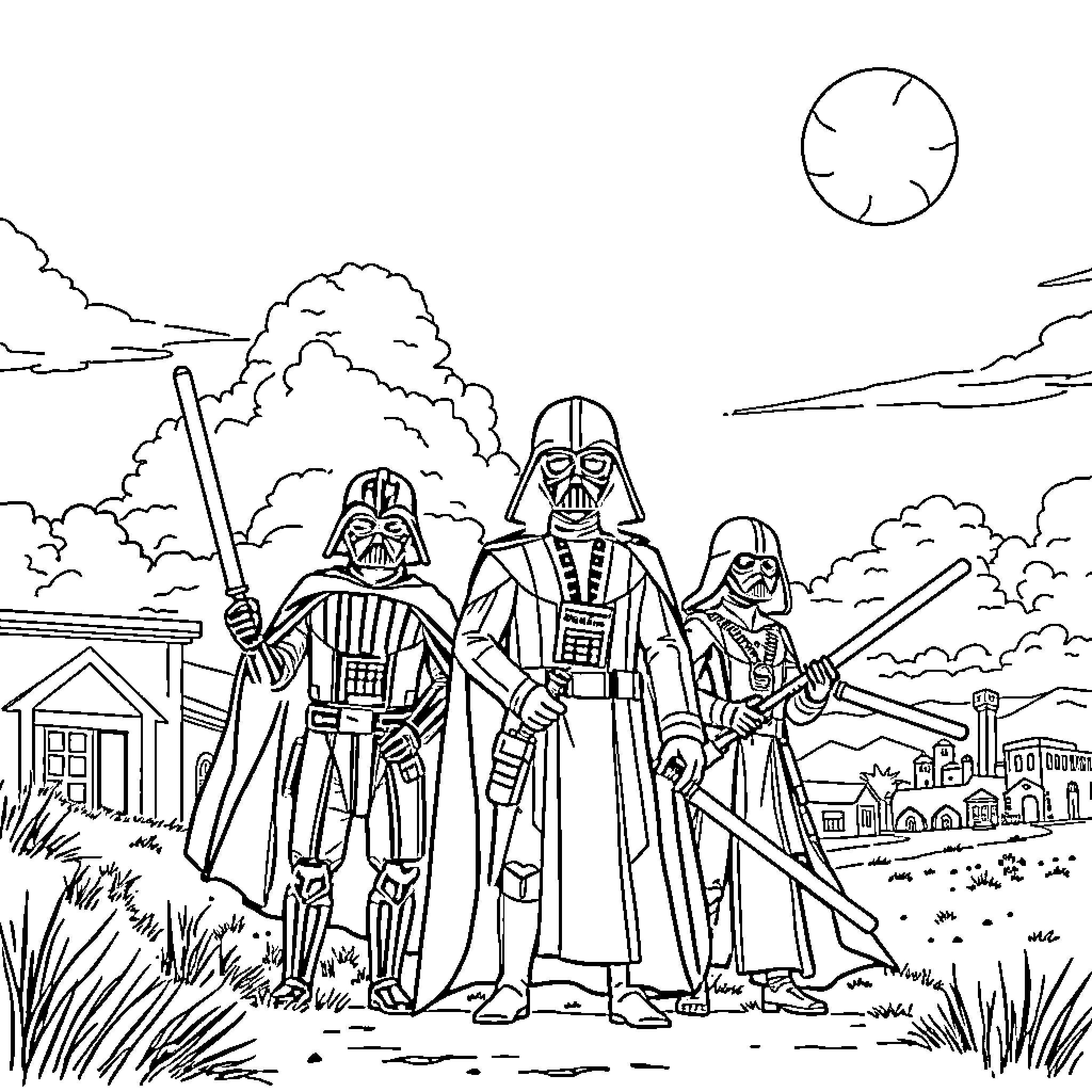 Star Wars characters in an outdoor scene Coloring Page (free black-and-white line drawing printable PDF for all, from beginners to advanced learners, including children, teens, adults, and seniors)