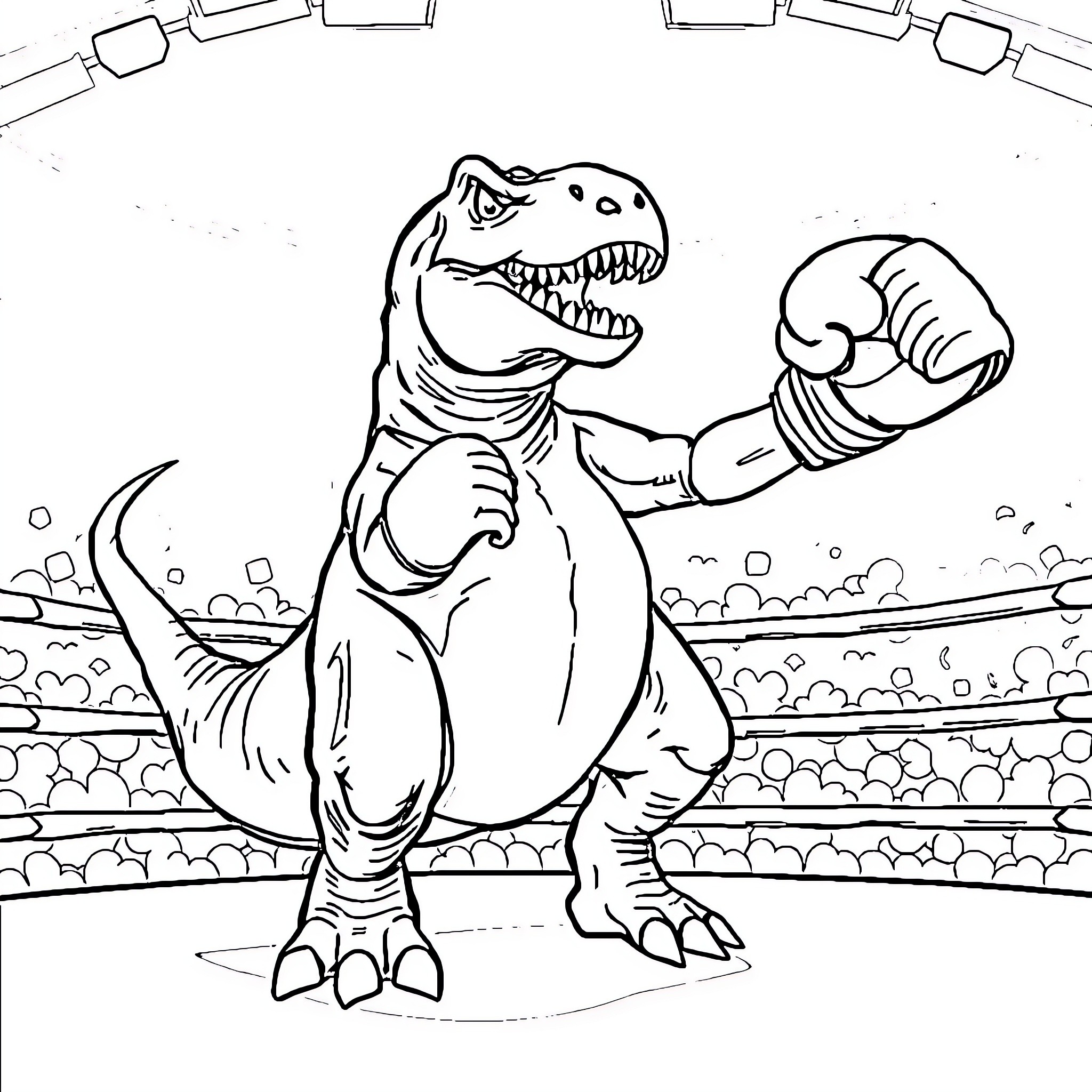 Dinosaur boxing in the ring Coloring Page (free black-and-white line drawing printable PDF for all, from beginners to advanced learners, including children, teens, adults, and seniors)