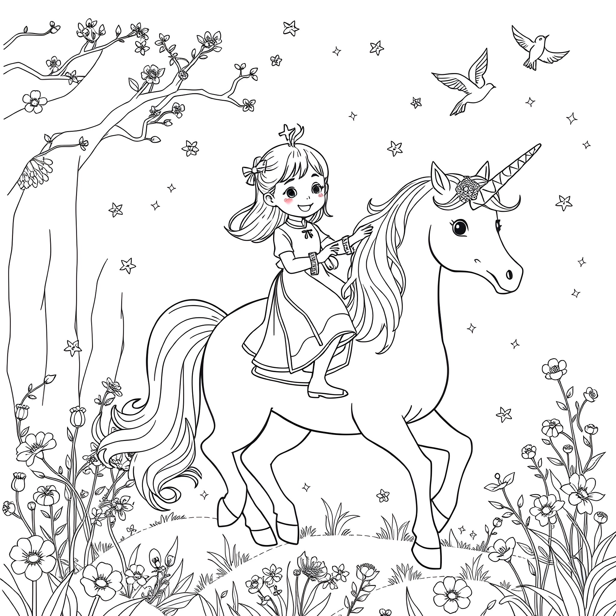 Girl Riding a Magical Unicorn in Enchanted Forest Coloring Page (free black-and-white line drawing printable PDF for all, from beginners to advanced learners, including children, teens, adults, and seniors)