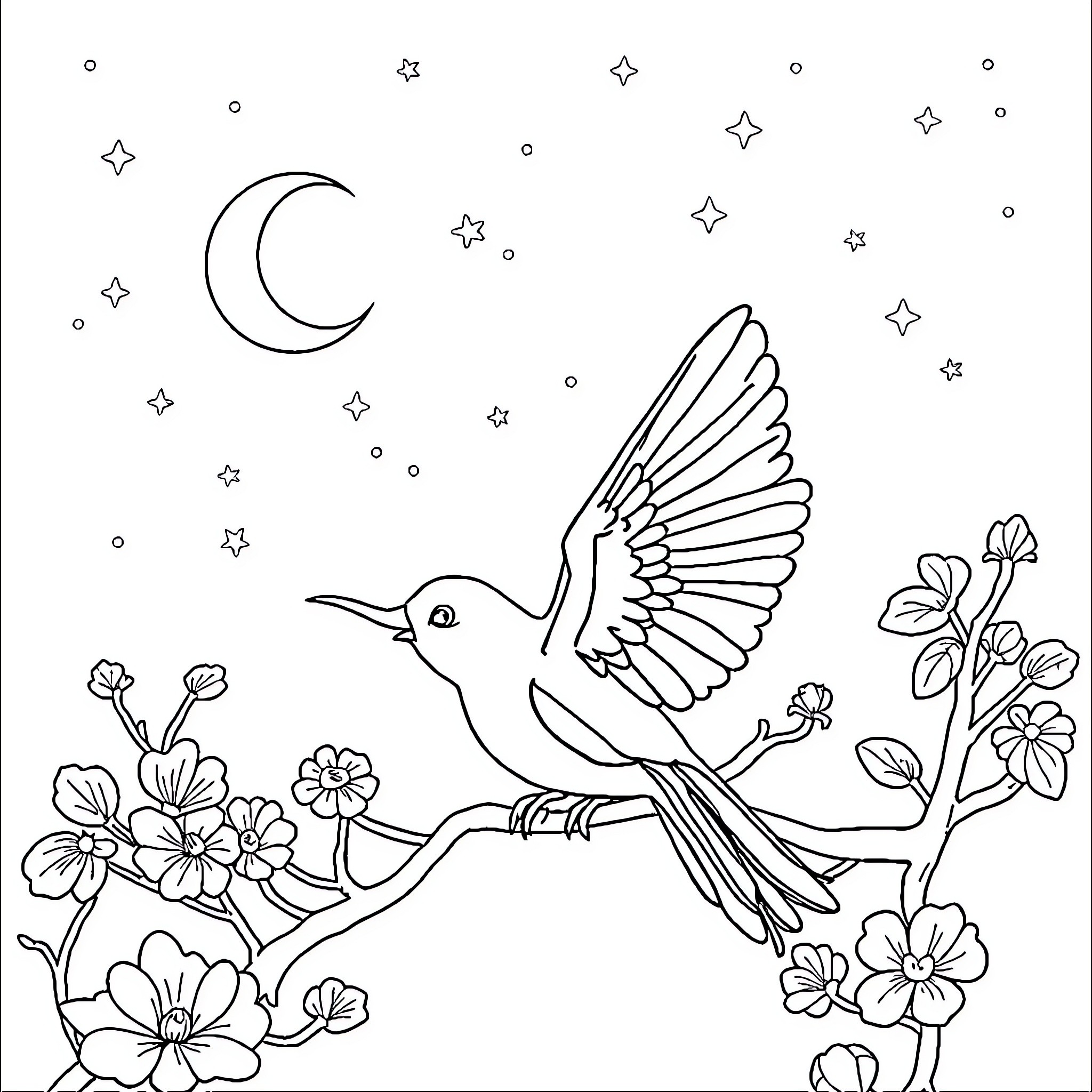 Star Hummingbird Amid Floral Night Sky Coloring Page (free black-and-white line drawing printable PDF for all, from beginners to advanced learners, including children, teens, adults, and seniors)
